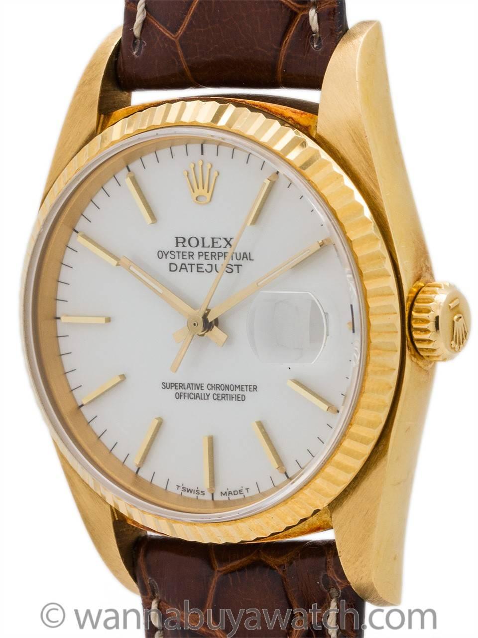 An exceptional condition example Rolex 18K gold Datejust ref# 16018 serial# 5.8 million circa 1987.  Makes a wonderful commemorative gift for 1987 birth year and wedding anniversary.  Featuring 36mm diameter case with fluted bezel and sapphire