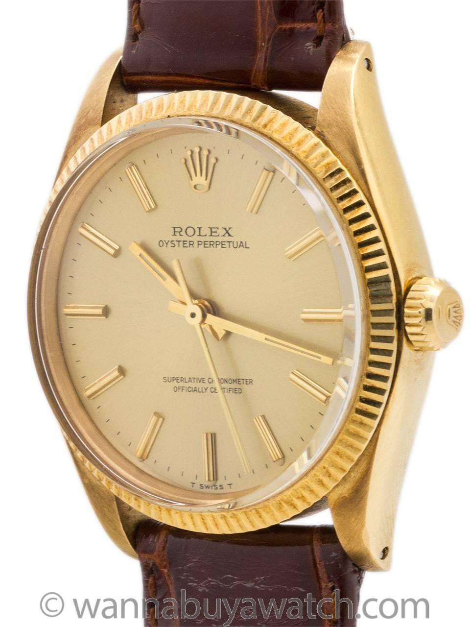 Rolex Oyster Perpetual 18K YG ref 1005 serial# 5.1 million circa 1977. Would make a wonderful commemorative gift for 1977 birth year and wedding anniversaries. Featuring 34mm diameter Oyster case with screw down crown and case back, fluted 18K YG