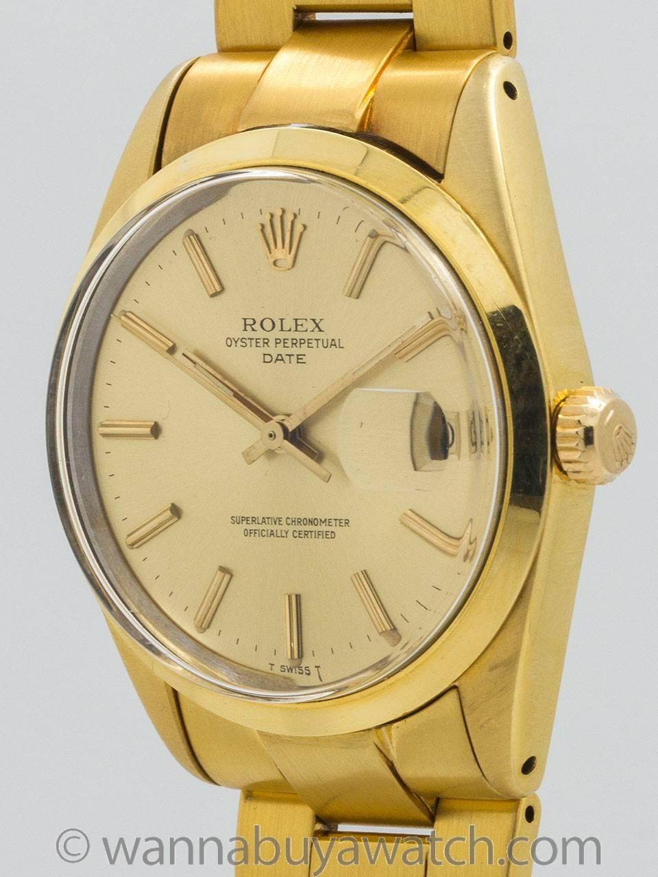 Rolex Oyster Perpetual Date ref #1500 14K yellow gold shell circa 1979.  Gorgeous on a man or woman, this piece would make a lovely commemorative gift for 1979 birth year or wedding anniversary. Featuring 34mm diameter case with smooth bezel,