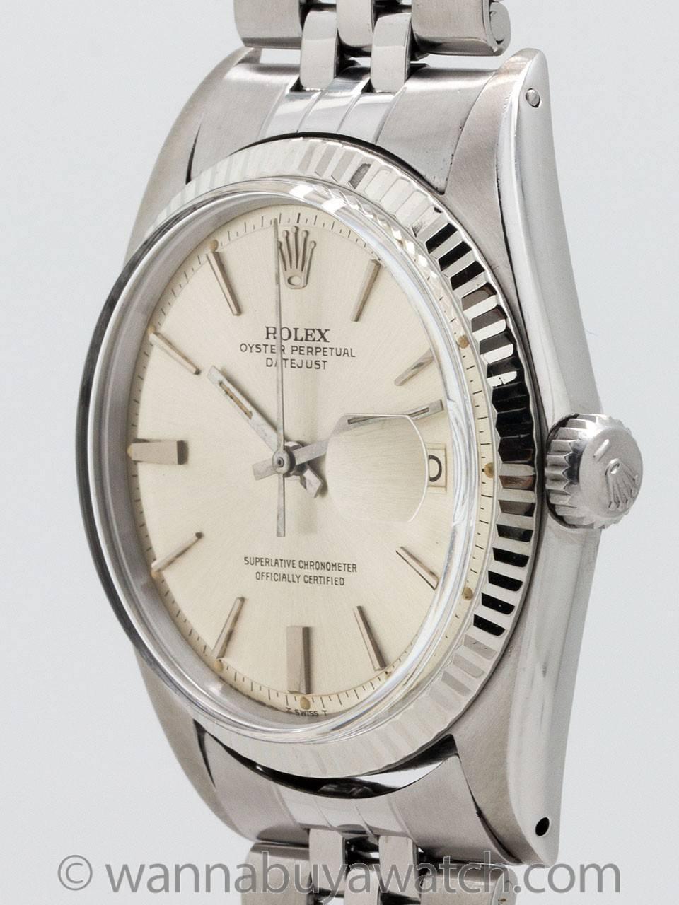 Rolex Stainless Steel Datejust ref 1601 serial number 1.4 million circa 1966. 36mm diameter Oyster case with 14K WG fluted bezel, signed Rolex crown and acrylic crystal. Classic silvered satin pie pan dial with applied indexes, logo and baton hands.