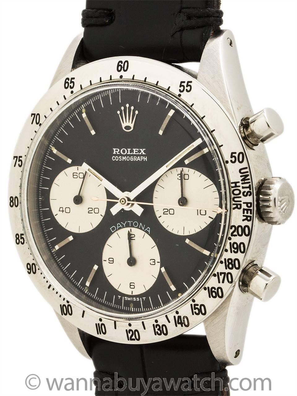 Rolex Daytona ref 6239 case serial # 1.6 million circa 1967. A very pleasing example of this classic model with original 200 mph tachometer bezel, very nice condition original black dial with white registers, dial signed T SWISS T. With original