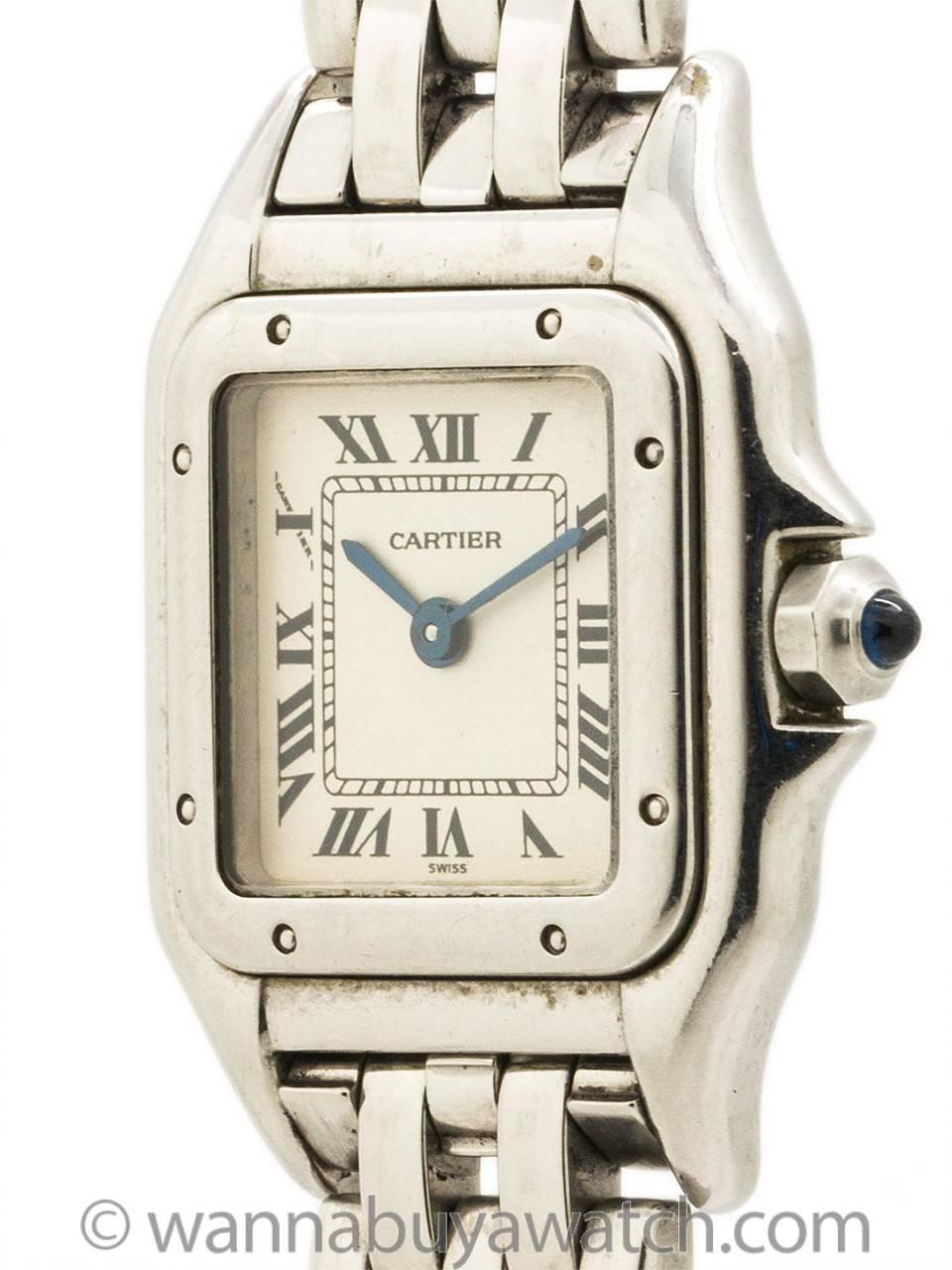 Cartier Lady’s stainless steel Panther circa 1990’s. Very nice condition preowned example. Battery powered quartz movement. Panther bracelet with butterfly deployment clasp. The panther was a much sought after classic model for close to two decades