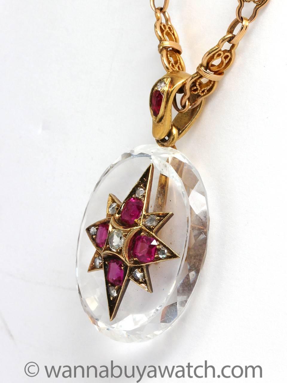 Late Victorian Striking Victorian Rock Crystal Ruby Diamond Gold Necklace
