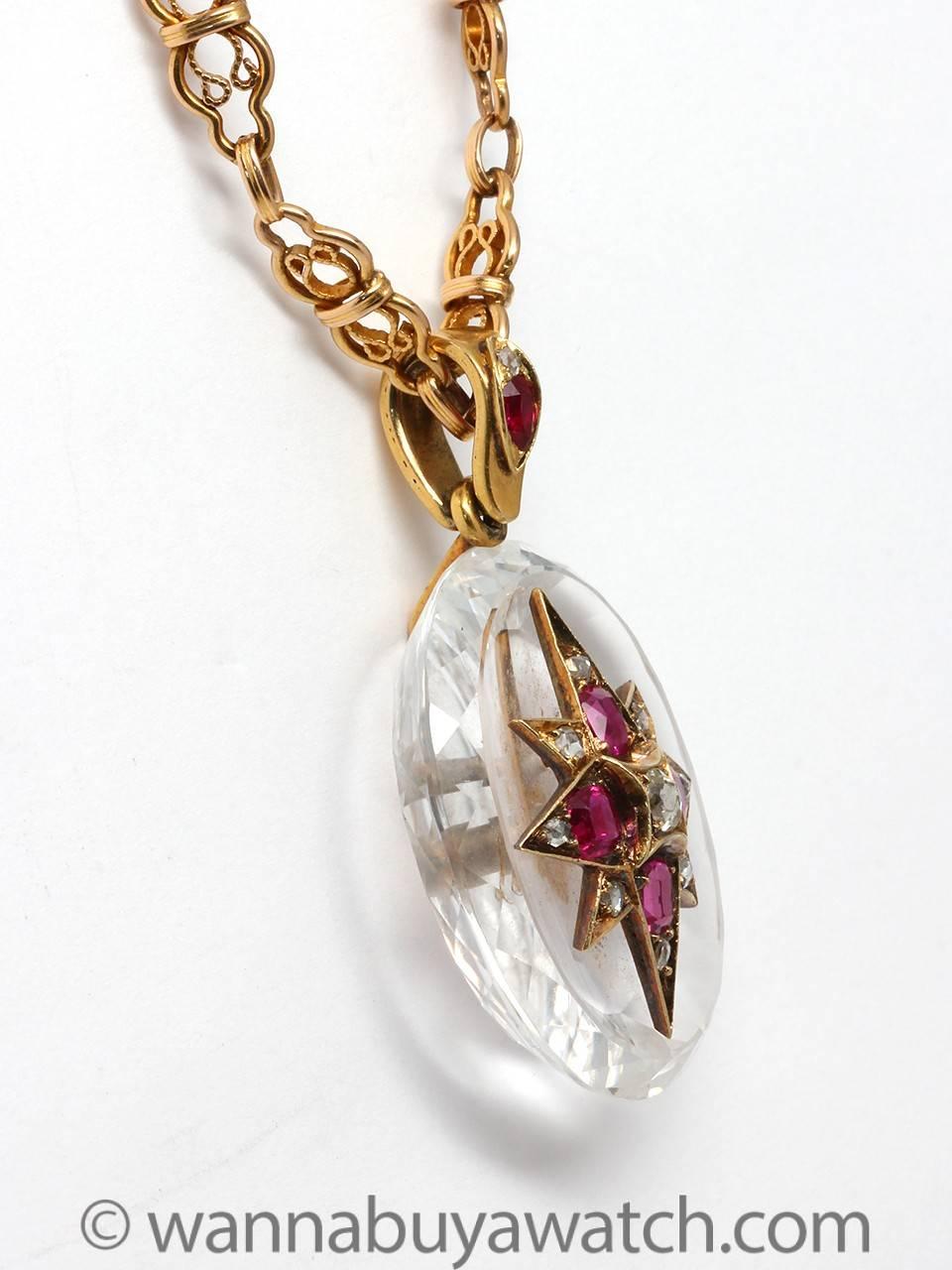Striking Victorian Rock Crystal Ruby Diamond Gold Necklace In Excellent Condition In West Hollywood, CA