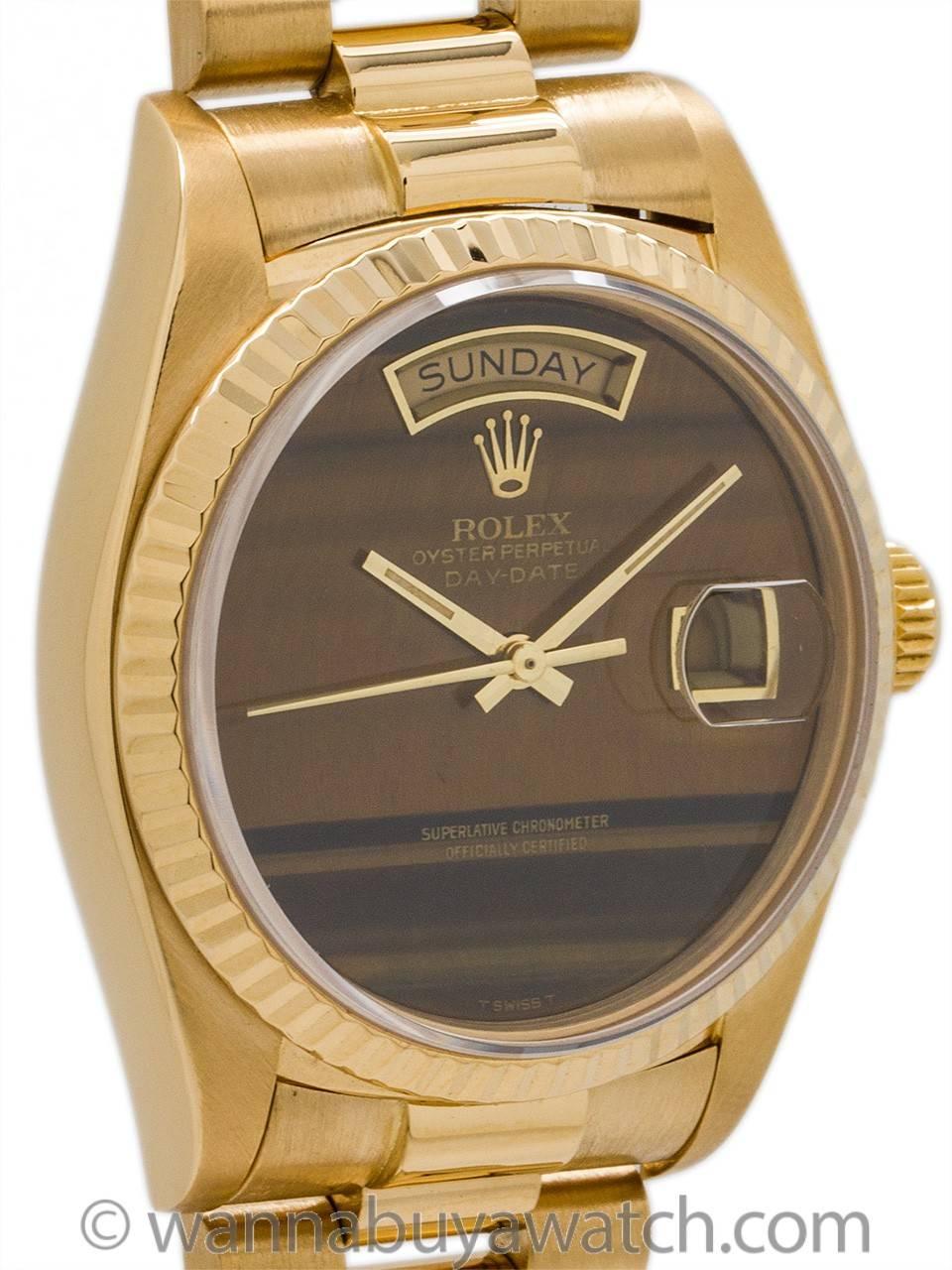 Modern Rolex Yellow Gold Tiger's Eye Day Date President Wristwatch Ref 18038 1981