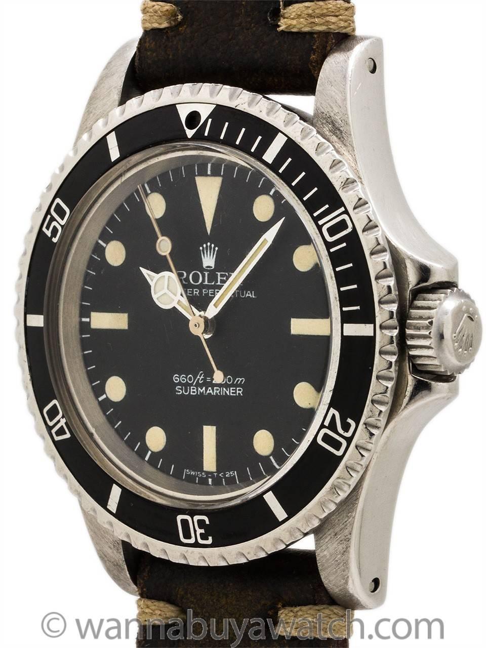 Vintage Rolex Submariner ref 5513, case serial# 5.1 million circa 1978. Very pleasing example with very nice condition original matte black dial with light patina’d luminous indexes and matching hands. With acrylic crystal and bi-directional elapsed