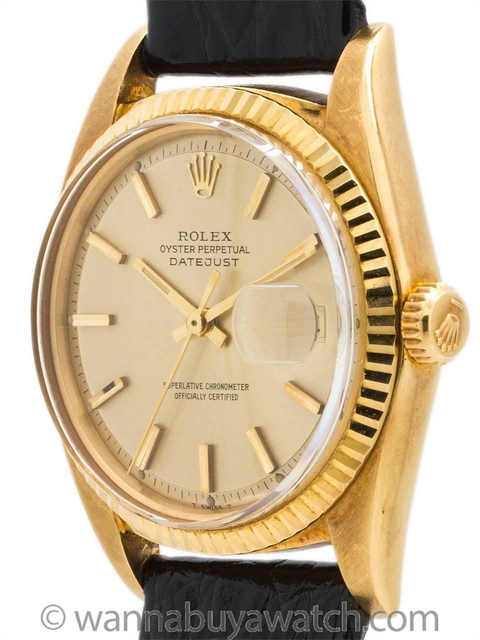 Rolex Datejust ref 1601 18K YG case serial# 2.8 million circa 1971. Featuring full size 36mm diameter vintage man’s model with fluted bezel and acrylic crystal and with very pleasing “soft” matte champagne pie pan dial with applied gold indexes and