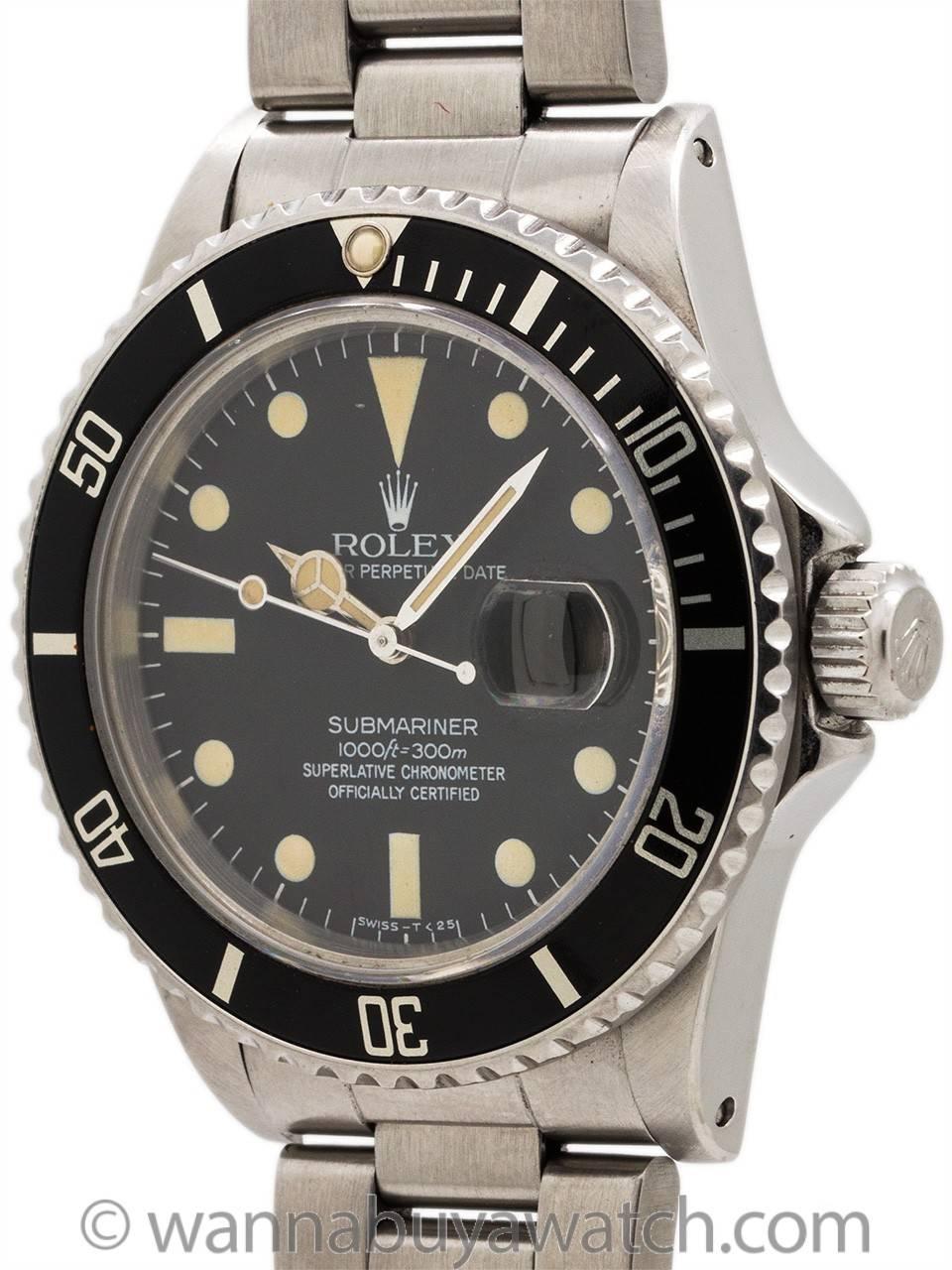 Rolex Submariner ref 16800 Transitional model 8.4 million serial # circa 1984 complete with box and papers. Great looking model with beefy lug case, warmly patina'd luminous indexes and hands, and nicely aged elapsed bezel “pearl.” This is the