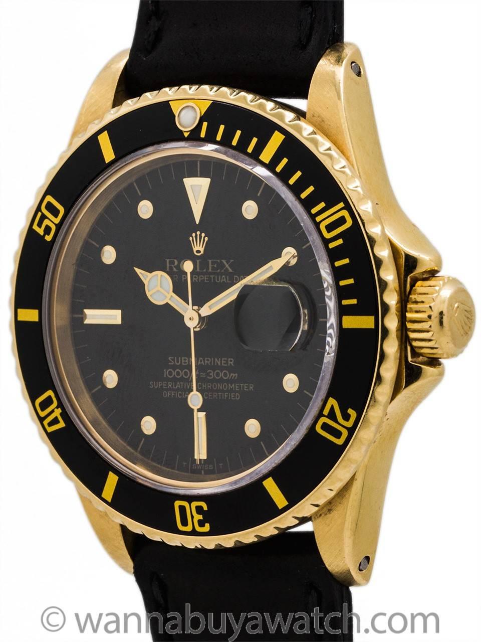 Rolex Submariner 18K YG ref 16808 “Transitional Model” serial # 7.4 million circa 1983. Featuring a 40mm diameter case with unidirectional black elapsed time bezel, sapphire crystal, gloss black original dial with applied “nipple” shaped indexes,