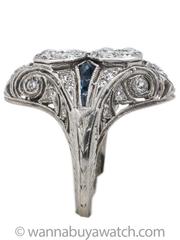 1920s Art Deco Gorgeous Sapphire Diamond Platinum Filigree Ring