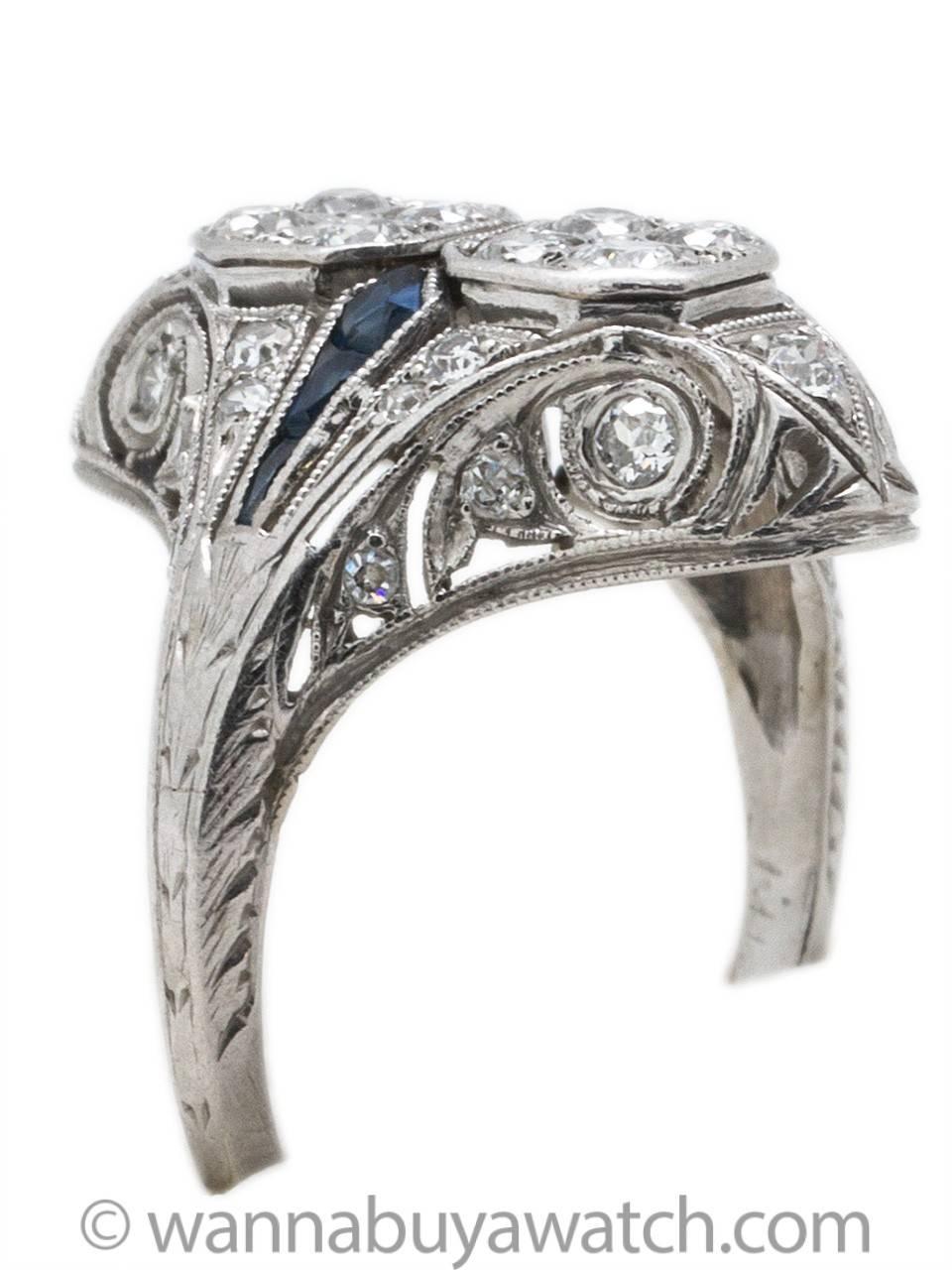 Old European Cut 1920s Art Deco Gorgeous Sapphire Diamond Platinum Filigree Ring For Sale