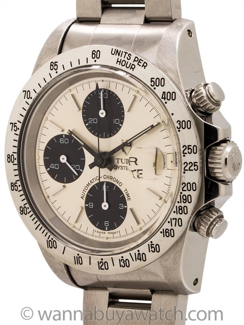 Tudor Oyster Date Chronograph ref # 79180 serial# B5 circa 1980s. 40mm diameter so called “Big Block” thick flat walled case with acrylic crystal and steel tachometer outer bezel. With original silver satin dial with black regsiters and silver