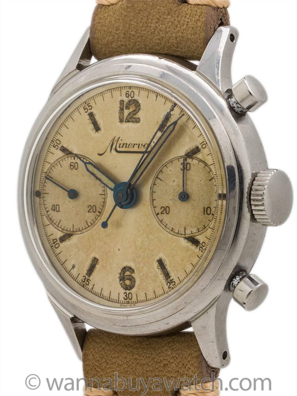 Vintage Minerva chronograph circa 1940’s. Featuring beefy design 34mm case with screw down case back, large round chronograph pushers, wide heavy bezel, and pleasing patina’d original matte silver dial with radium indexes and hands, and with