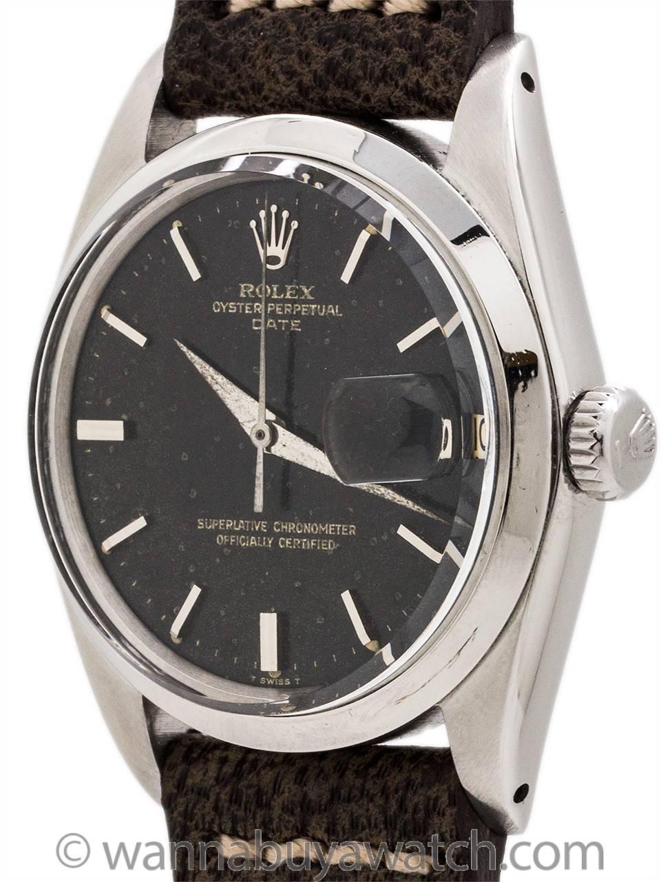 Man’s vintage Rolex stainless steel Oyster Perpetual Date ref 1500 serial # 1.1 million circa 1964 with original gloss black gilt dial. Featuring 34mm diameter case with smooth bezel and acrylic crystal and distinctive original gloss black dial with