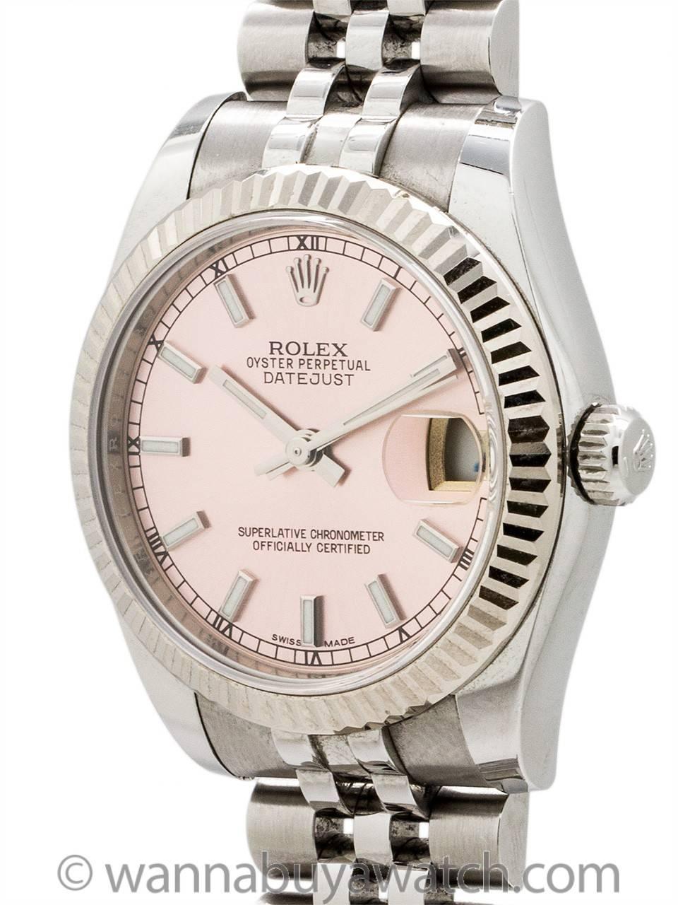Rolex Datejust Midsize Stainless ref 178274 random serial# circa 2015. New style 6 digit reference #, 31mm diameter bolder and more massive case with 18K WG fluted bezel, sapphire crystal, popular pink ice factory dial. Powered by self winding