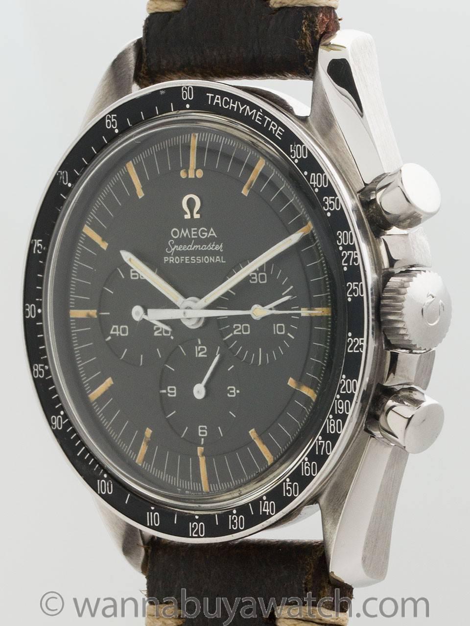 Transitional model Omega Speedmaster pre Man on the Moon model ref 145.022-68. Movement serial # of 26.5 million dates this example to 1968 or 1969. This is the transitional model powered by caliber 861 manual wind movement with original matte black
