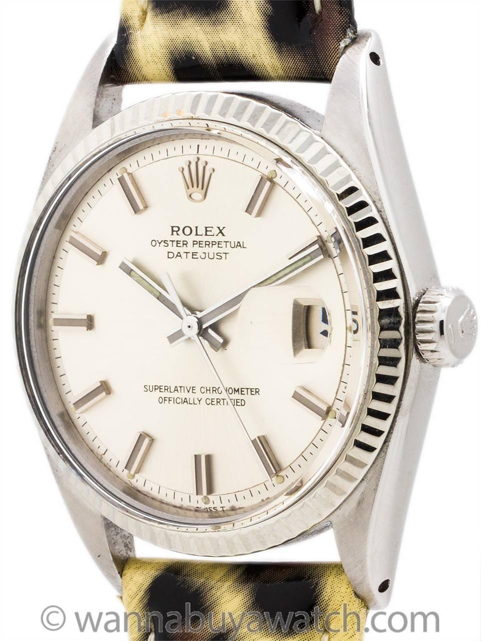 Rolex Man’s Stainless Steel Datejust ref 1601 serial # 2.6 million circa 1970. Featuring 36mm diameter case with 14K WG fluted bezel, acrylic crystal, and original silver satin pie pan dial with applied silver indexes and silver baton hands. Powered