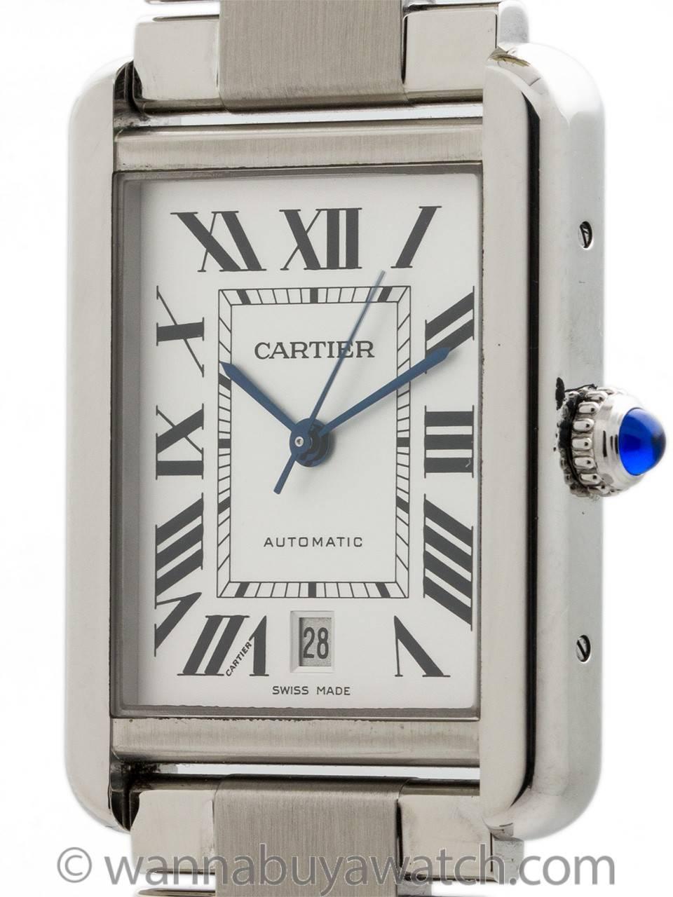 Cartier Tank Solo Stainless Steel large size 31 X 40mm model with Cartier bracelet and clasp. Featuring classic satin dial with oversize black Roman figures and blued steel hands. Powered by self winding movement with sweep seconds and date.