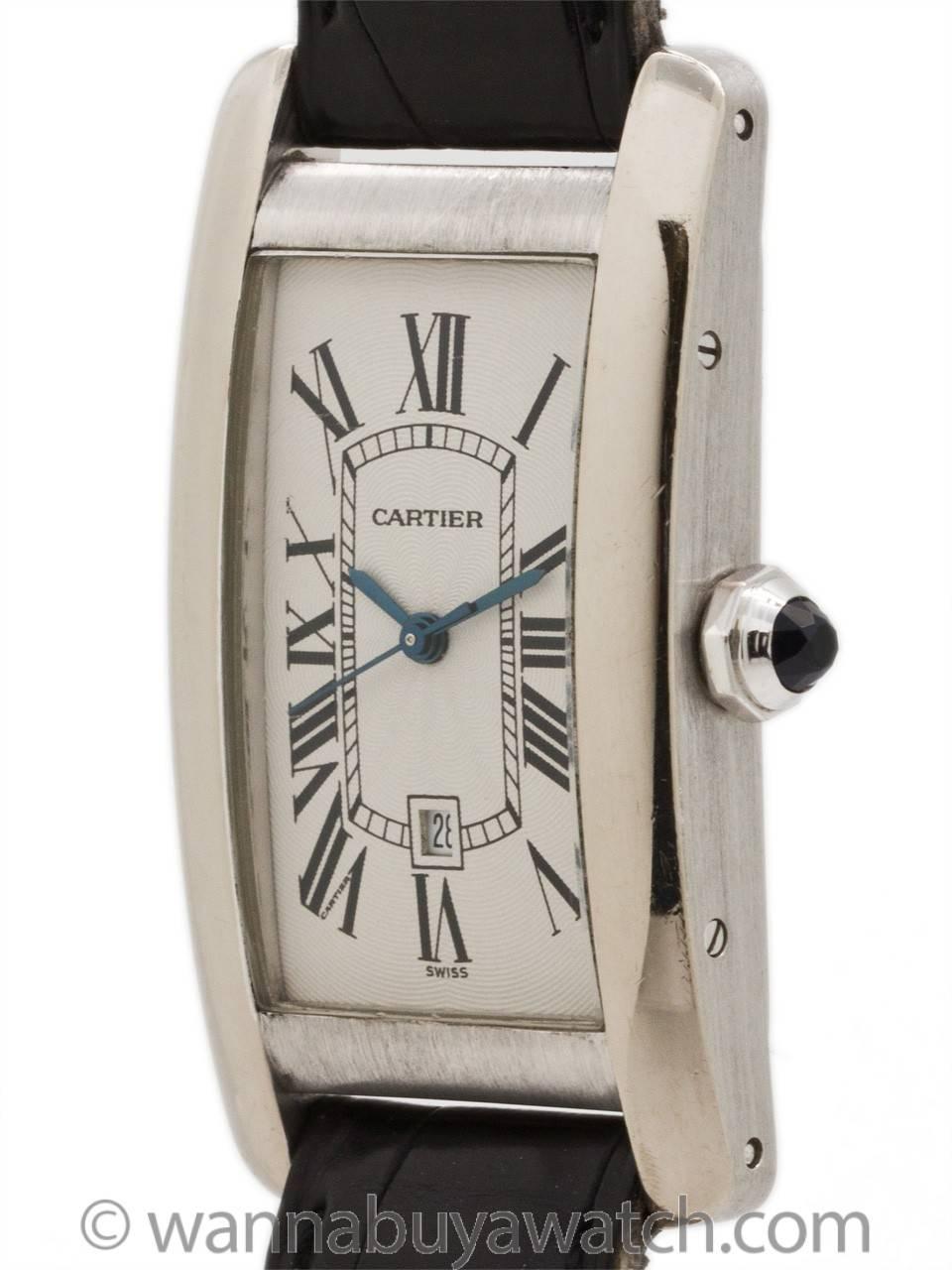 Cartier 18K white gold mid size Tank American ref# 1726 circa 1990s. Featuring classic curvex style 22 X 41mm case secured by 8 side screws and 4 caseback screws. Classic silvered dial with Roman figures including Cartier “secret” signature and