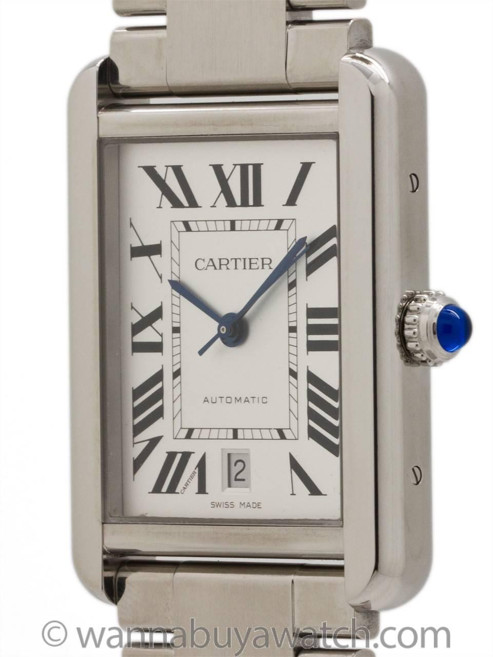 Cartier Tank Solo Stainless Steel large size 31 X 40mm model with Cartier bracelet and clasp. Featuring classic satin dial with oversize black Roman figures and blued steel hands. Powered by self winding movement with sweep seconds and date.