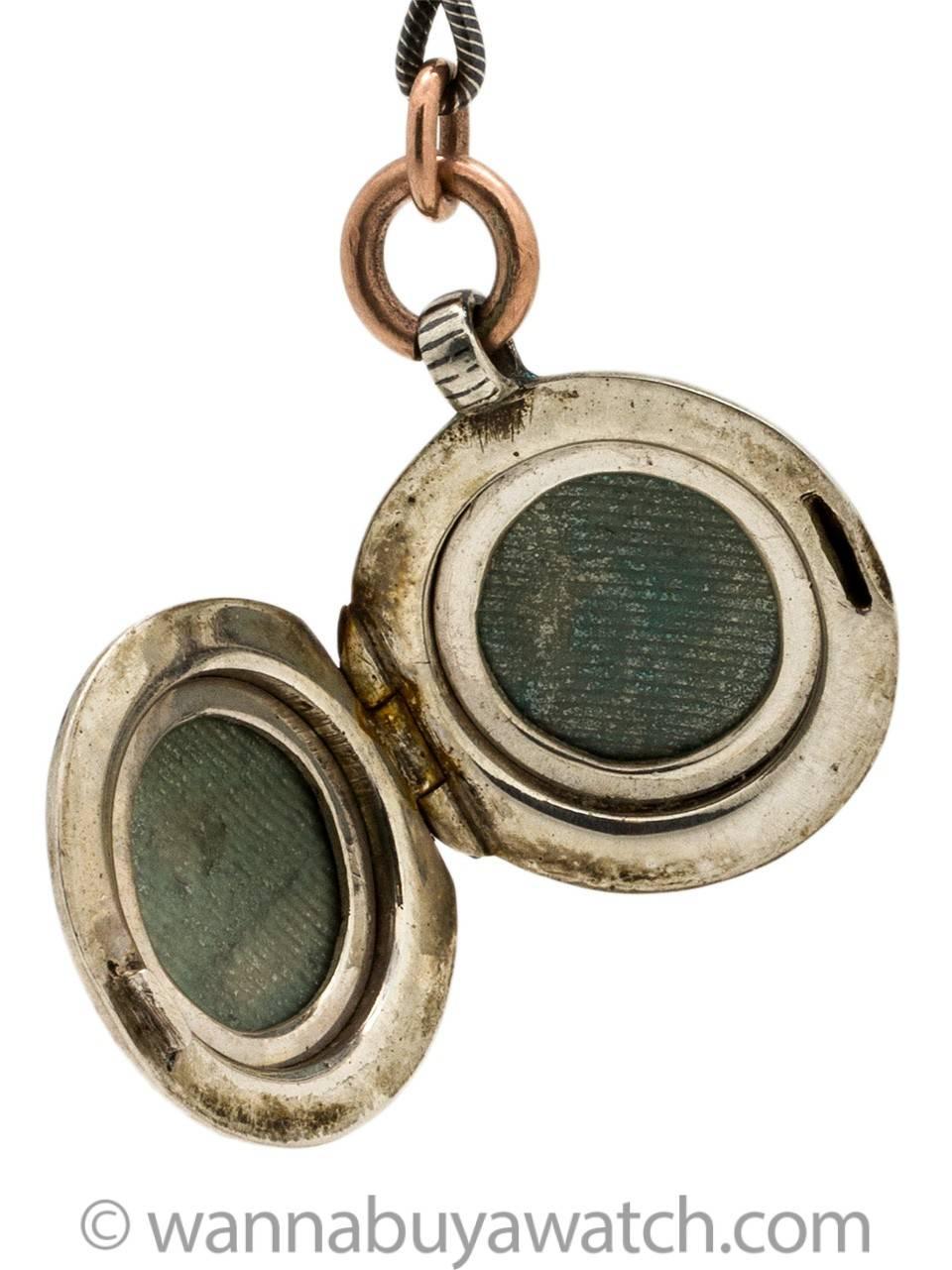 Women's Striking Niello Sterling and Rose Gold Filled Locket and Chain, circa 1920s