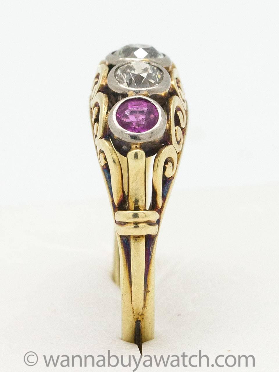 Women's Antique Victorian Old European Cut Diamond Ruby Ring For Sale