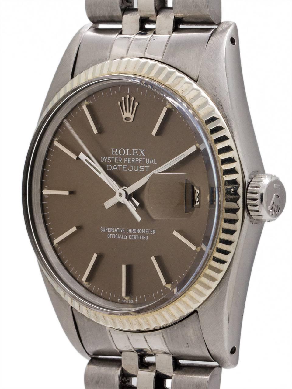  Rolex Stainless Steel Datejust ref #16014 serial #6.5 million circa 1980. 36mm diameter case with 18K white gold fluted bezel and acrylic crystal. Featuring an original gray taupe dial with applied silver  indexes and silver baton hands. Powered by