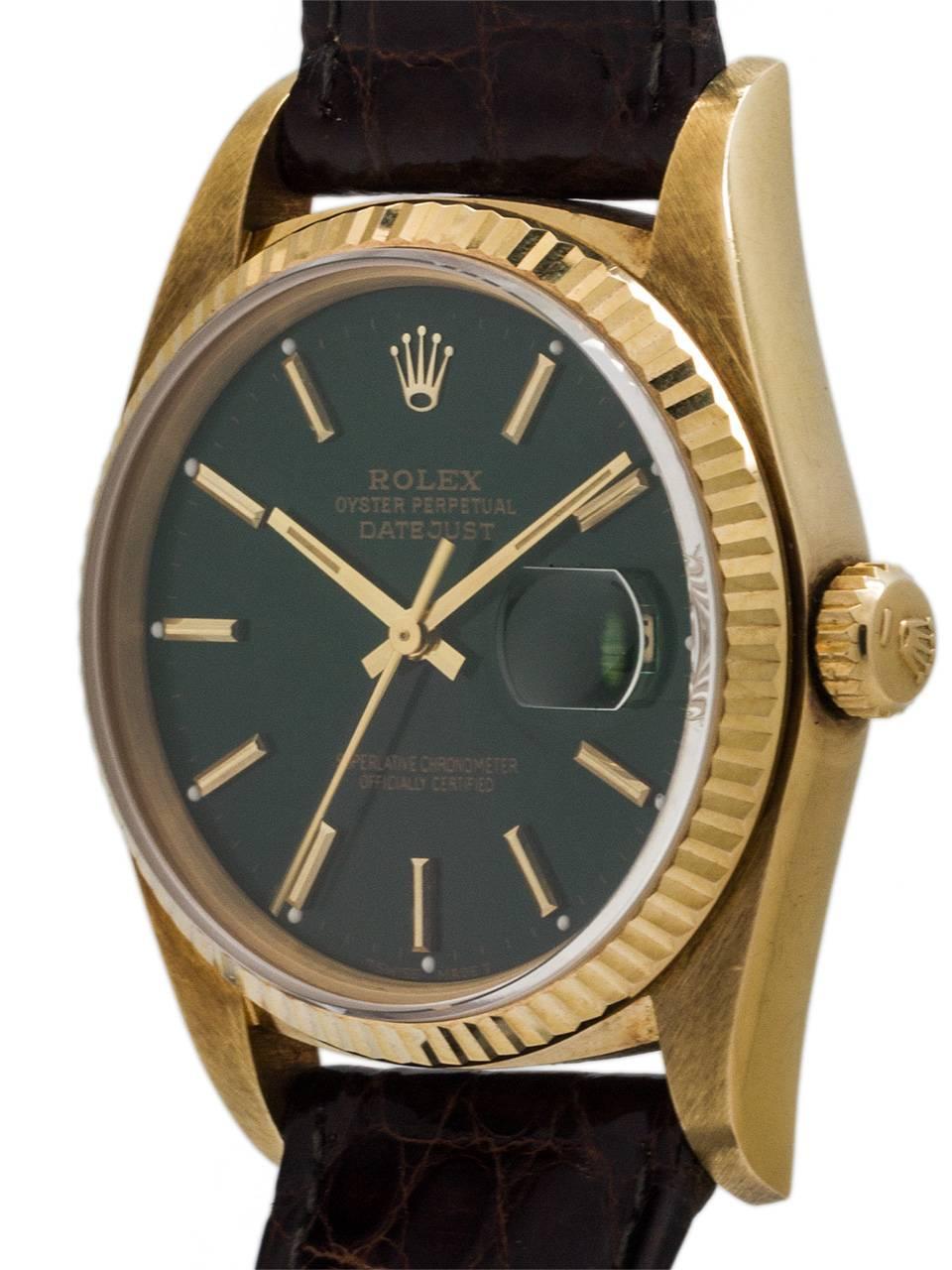 Rolex 18K Yellow Gold Datejust ref# 16238 serial# 8.2 million circa 1984. 36mm diameter Oyster case with fluted bezel and sapphire crystal. With distinctive custom colored rich “forest green” dial with applied gold indexes and gilt baton hands.