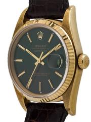 Rolex Yellow Gold Datejust Forest Green Dial Self Winding Wristwatch circa 1984