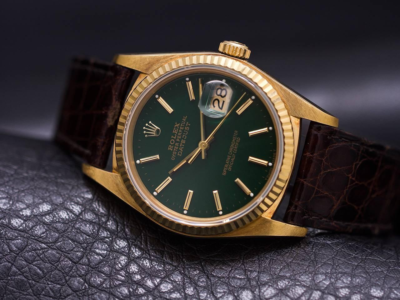 Men's Rolex Yellow Gold Datejust Forest Green Dial Self Winding Wristwatch circa 1984
