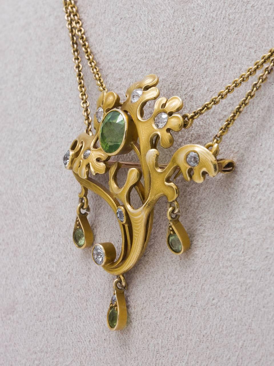 Art Nouveau  Peridot and Diamond Pin and Pendant   In Excellent Condition In West Hollywood, CA