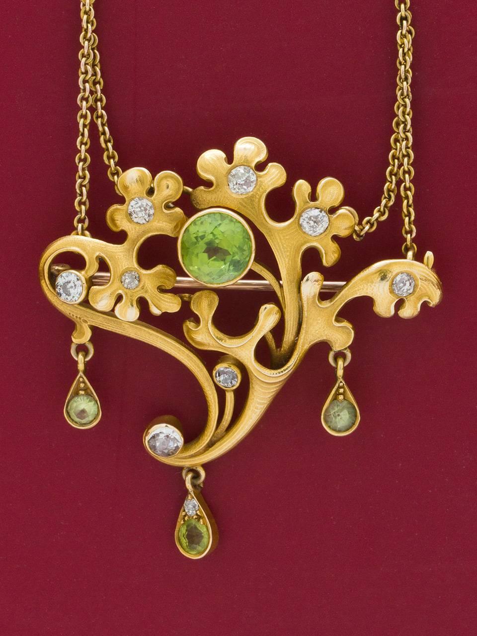 Women's Art Nouveau  Peridot and Diamond Pin and Pendant  
