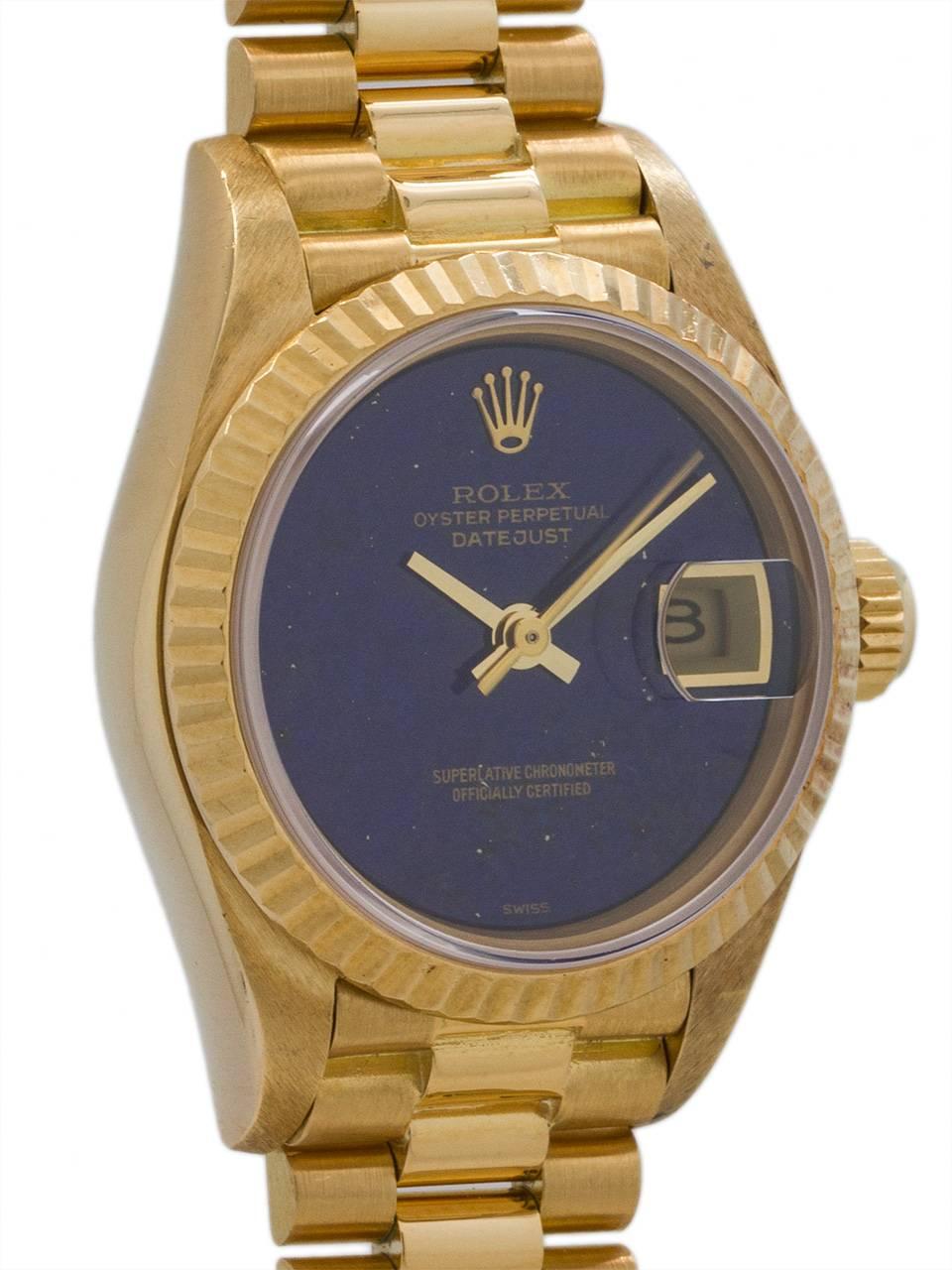 Modernist Rolex Ladies President Yellow Gold Lapis Lazuli Automatic Wristwatch circa 1985