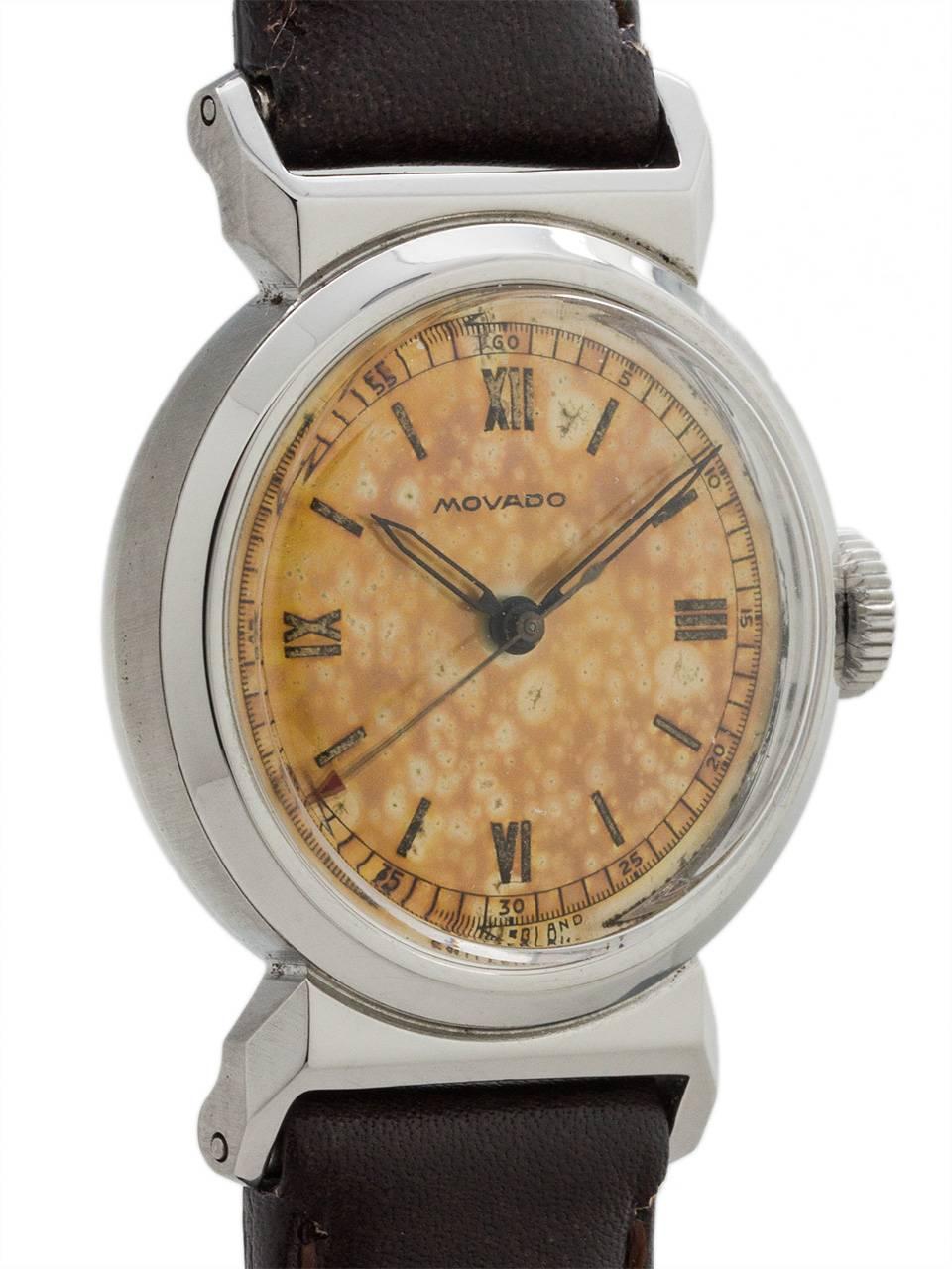 Retro Movado Stainless Steel Hooded Lugs Wristwatch circa 1940s For Sale