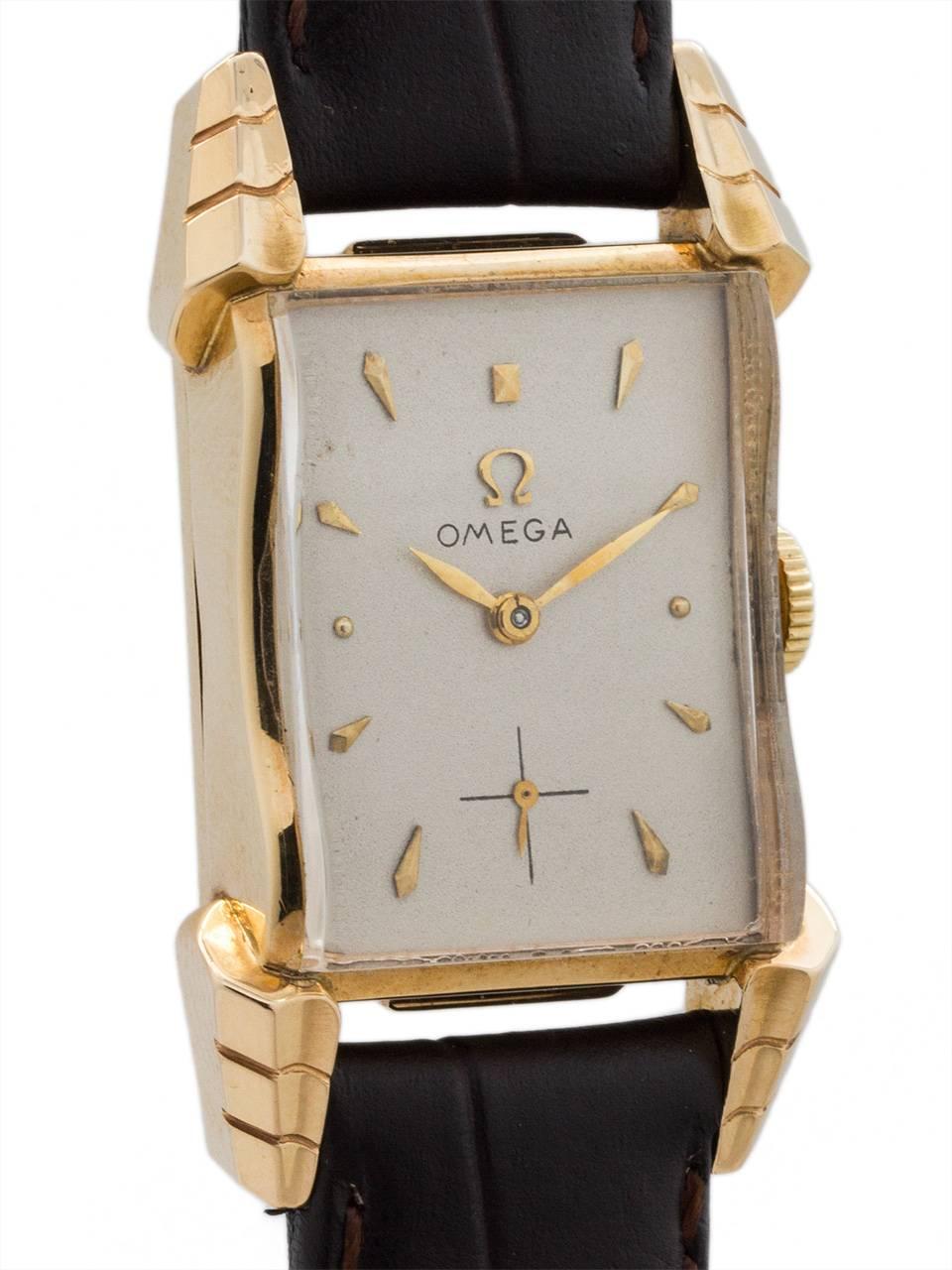 Retro Omega Yellow Gold Rectangle “Winged” Lugs Wristwatch circa 1947