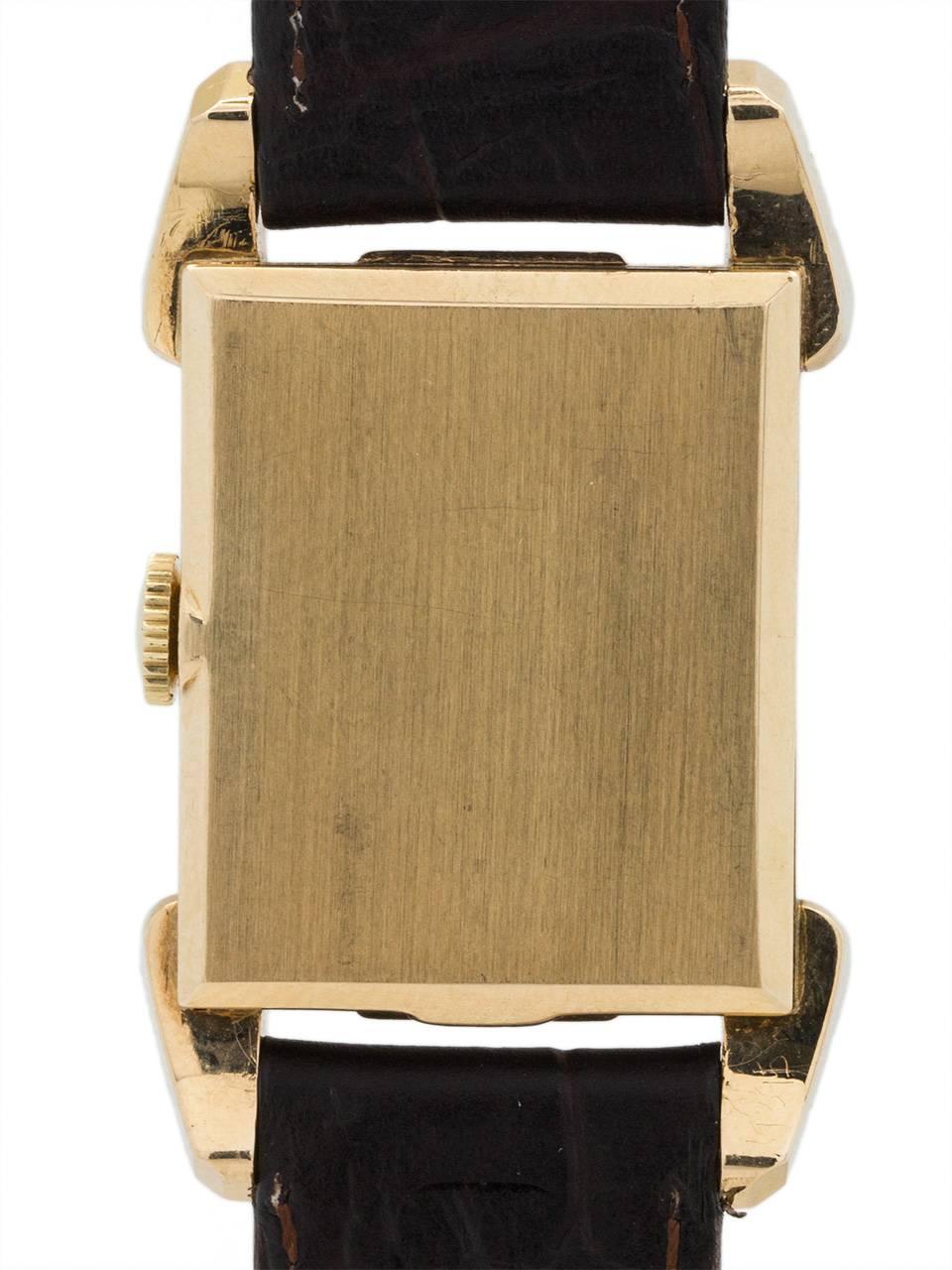 Omega Yellow Gold Rectangle “Winged” Lugs Wristwatch circa 1947 In Excellent Condition In West Hollywood, CA