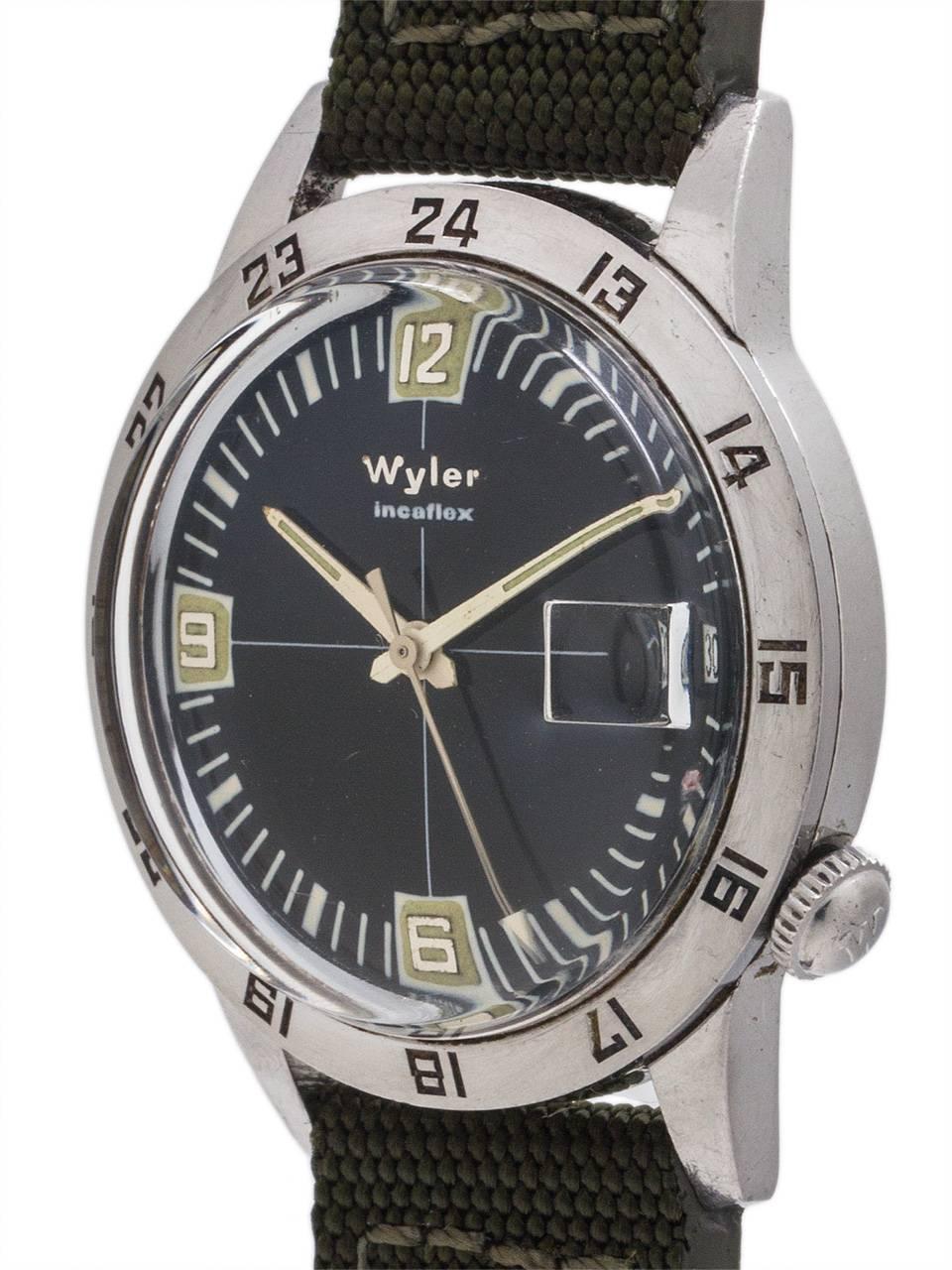 Great looking vintage Wyler Incaflex dual time zone diver’s model circa 1960’s. Featuring 35mm diameter 2 piece case (42mm lugs end to end), outside rotating bezel with 24 hour indications, acrylic crystal, and beautiful original glossy black dial
