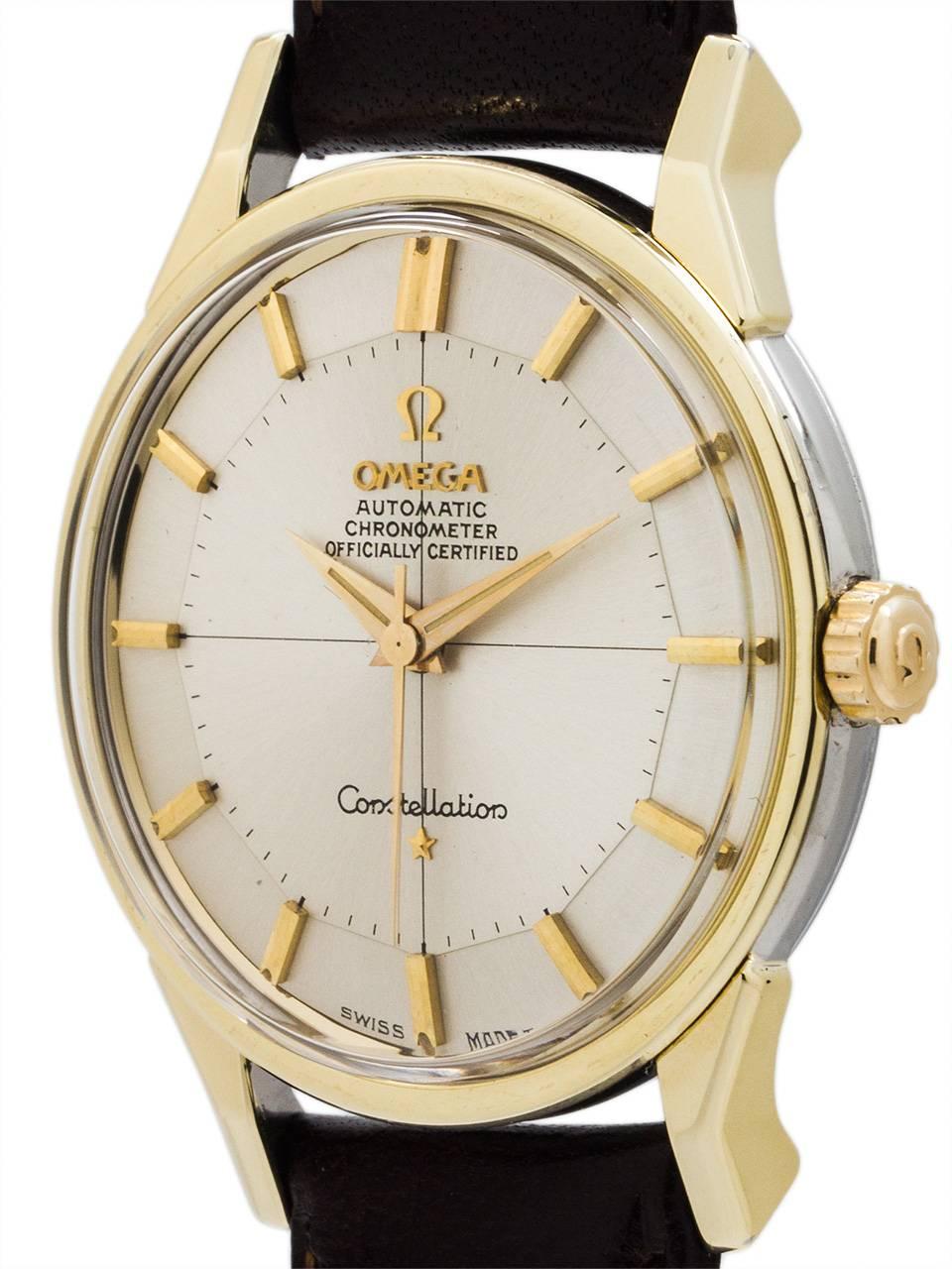 Very clean example Omega Constellation ref 167.005 movement serial # 24.4 million circa 1967. Featuring 34 x 43mm gold shell case with screw down stainless steel case back with embossed gold Observatory logo, extended “elbow” lugs, acrylic crystal,