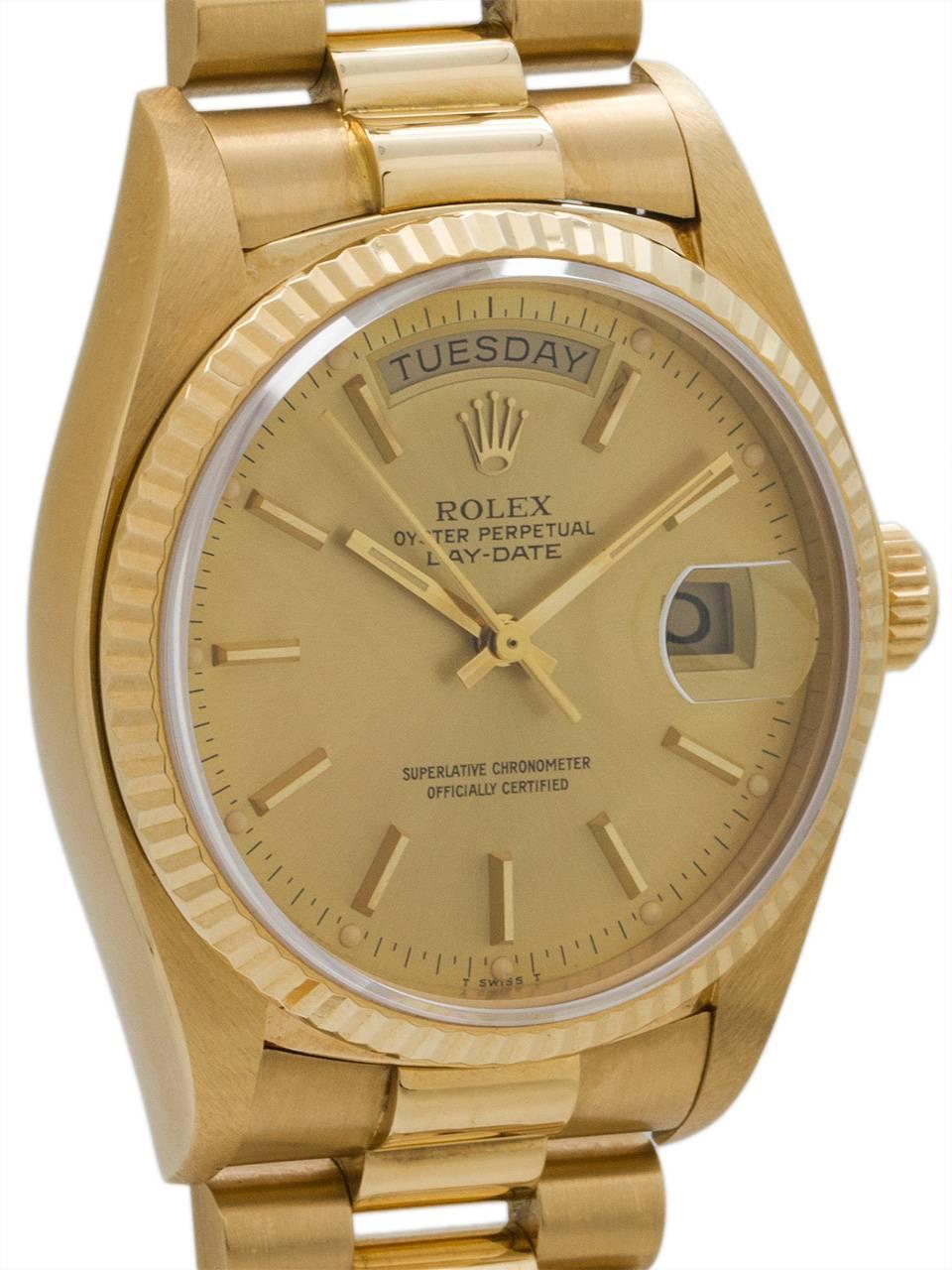 Modern Rolex Yellow Gold Day Date President Wristwatch Model 18038, circa 1982