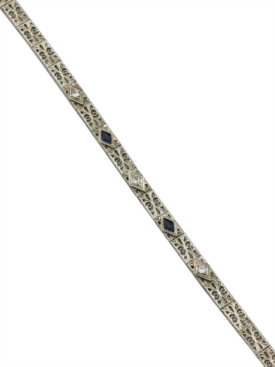 Art Deco Elegant Sapphire Diamond White Gold Filigree Bracelet