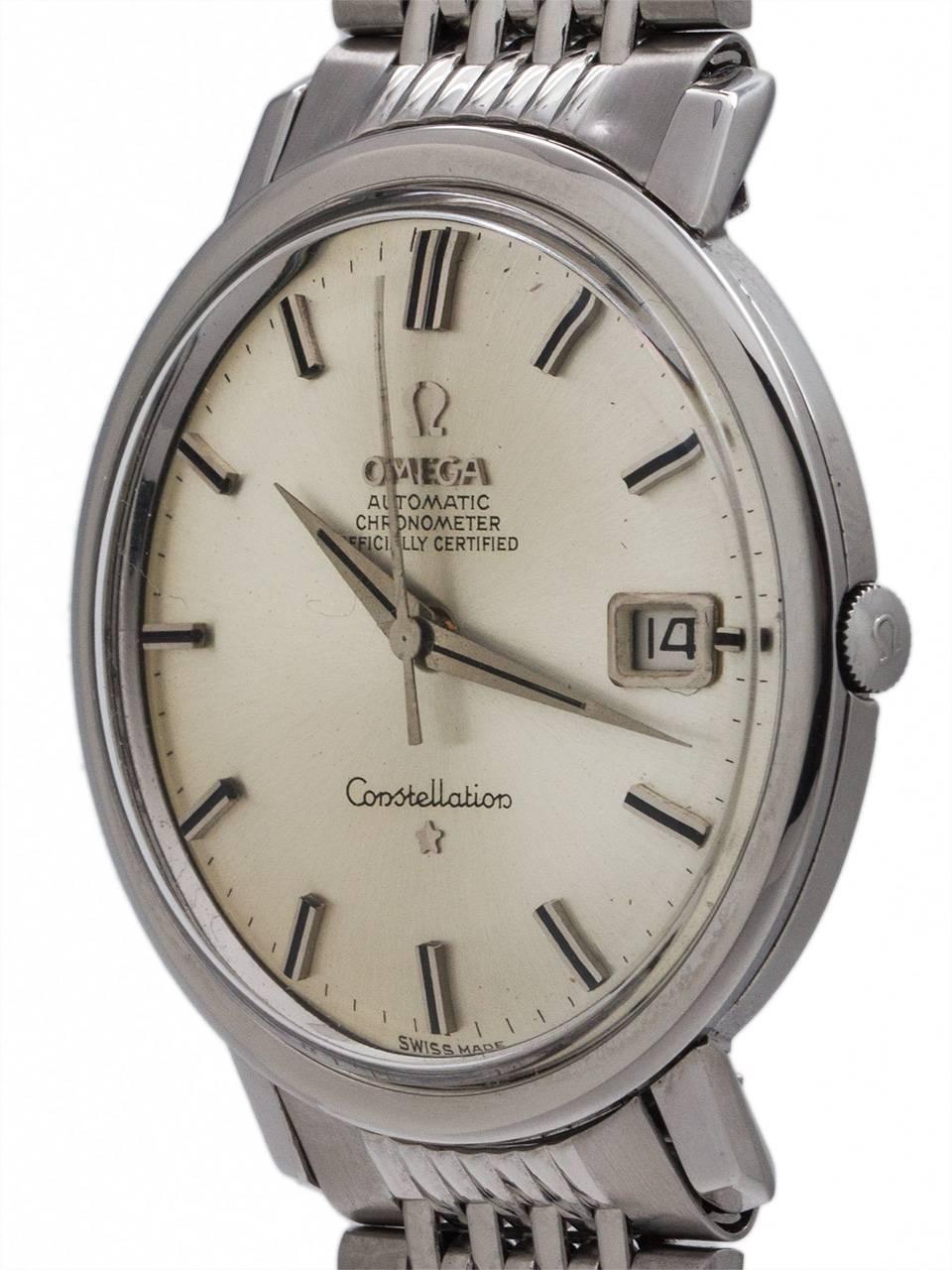 Omega Constellation Stainless Steel ref# 168.004 movement serial# 20.9 million circa 1963. Featuring 36 x 40mm case with screw down case back and deeply engraved Observatory logo, with acrylic crystal, and beautiful condition original 2 tone
