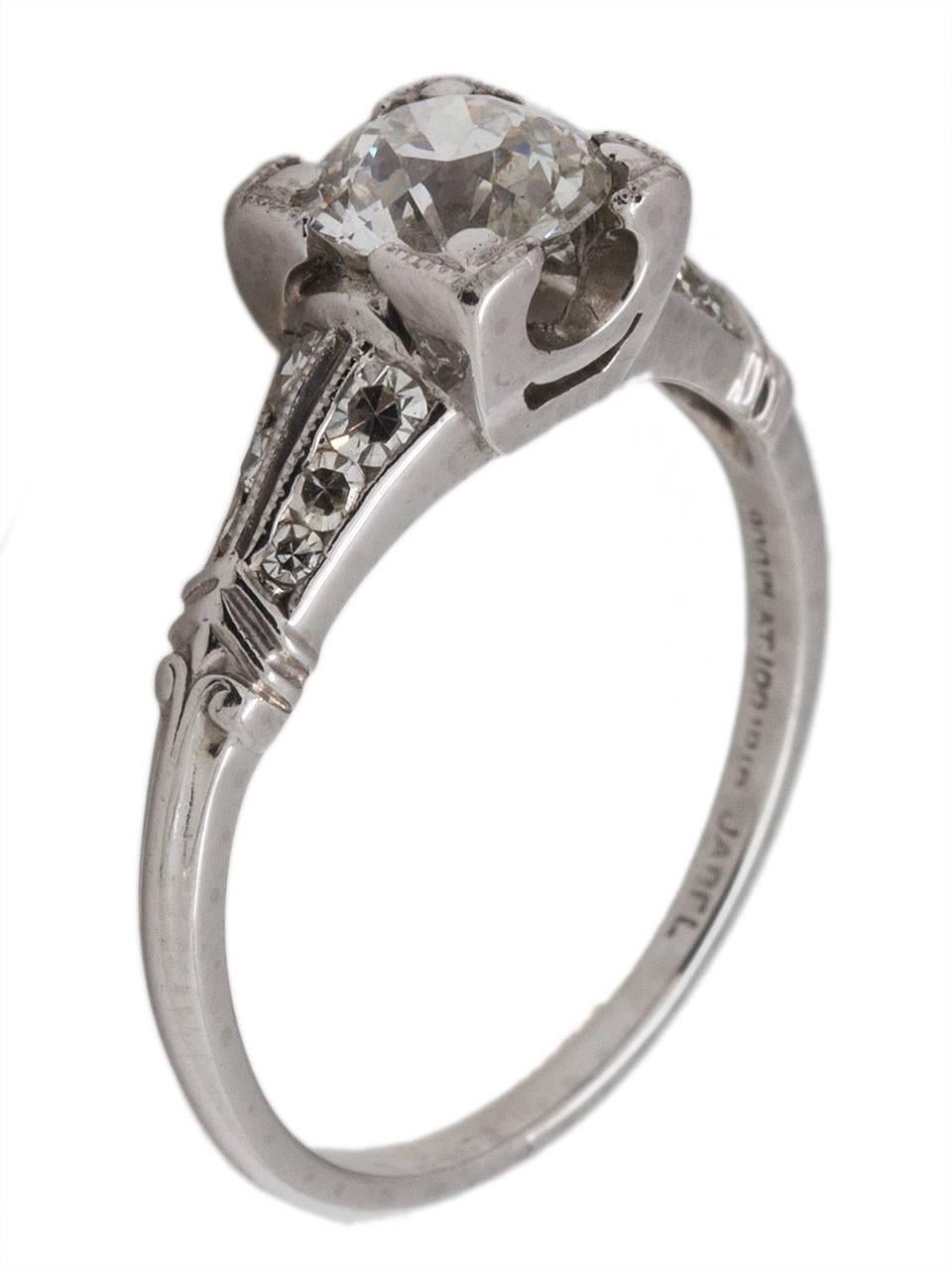 Art Deco Antique Engagement Ring Platinum 0.90 Carat Old European Cut Diamond circa 1930s