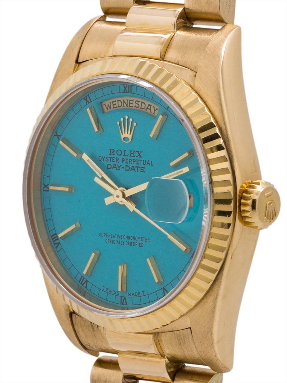 Rolex ref 18238 18K YG Day Date President case serial# S9 circa 1993. Featuring 36mm diameter full size man’s model with sapphire crystal and fluted bezel, with a beautiful original Rolex dial that has been custom colored “Turquoise Blue.” The