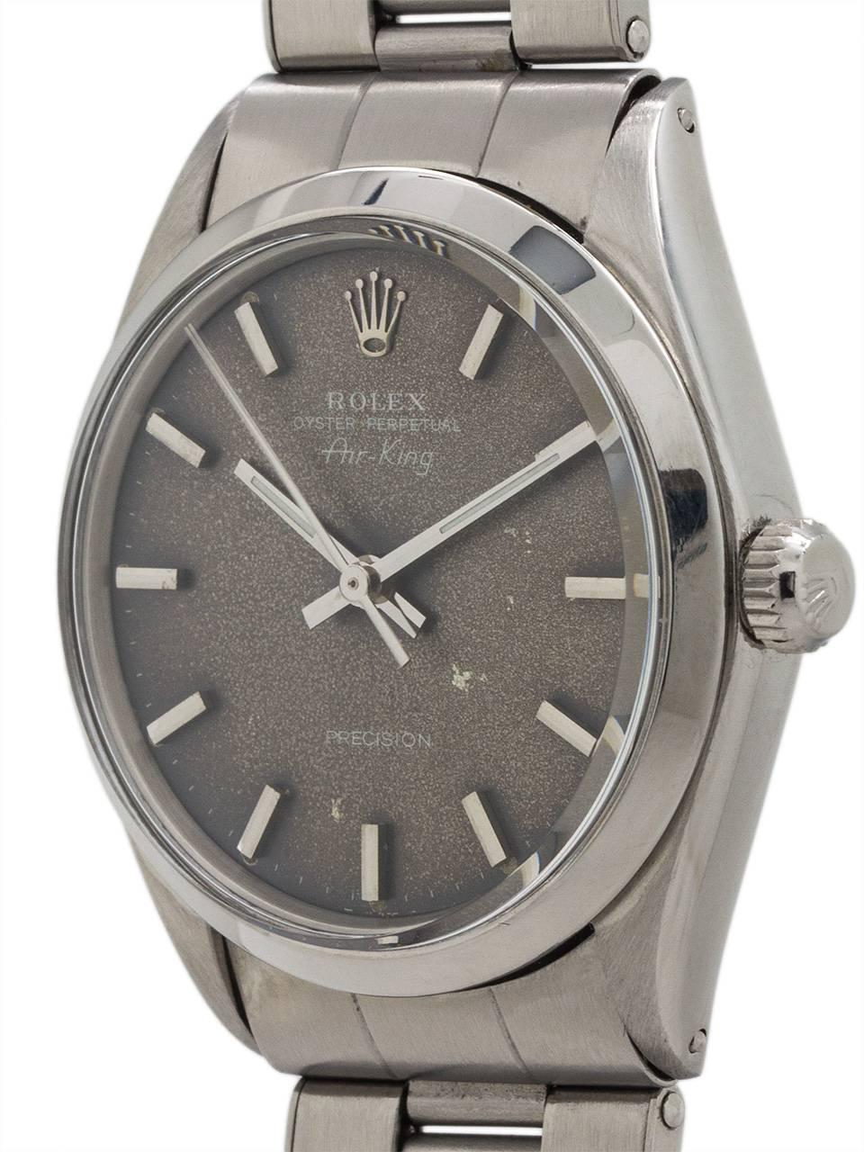 Rolex stainless steel Oyster Perpetual Airking ref 5500 serial# 2.0 million circa 1968 with distinctive distressed “tropical” dial with applied silver indexes & silvered baton hands. This 34mm diameter vintage man’s model features an original