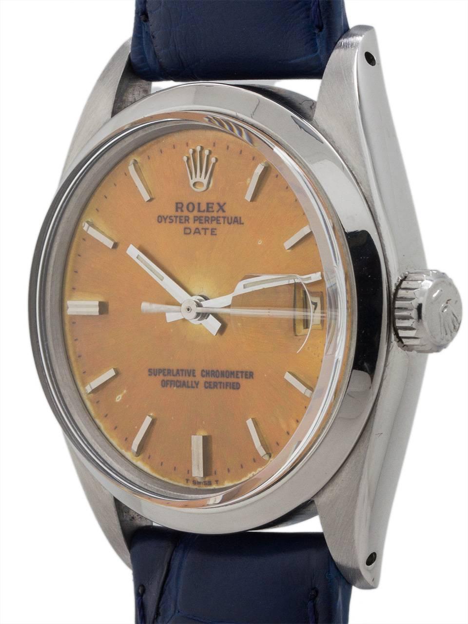 Rolex Stainless Steel Oyster Perpetual Date ref 1500 serial #.2 million circa 1965. Featuring a 34mm diameter Oyster case with smooth bezel and acrylic crystal and with an original silvered satin dial that has turned a pronounced golden yellow hue.