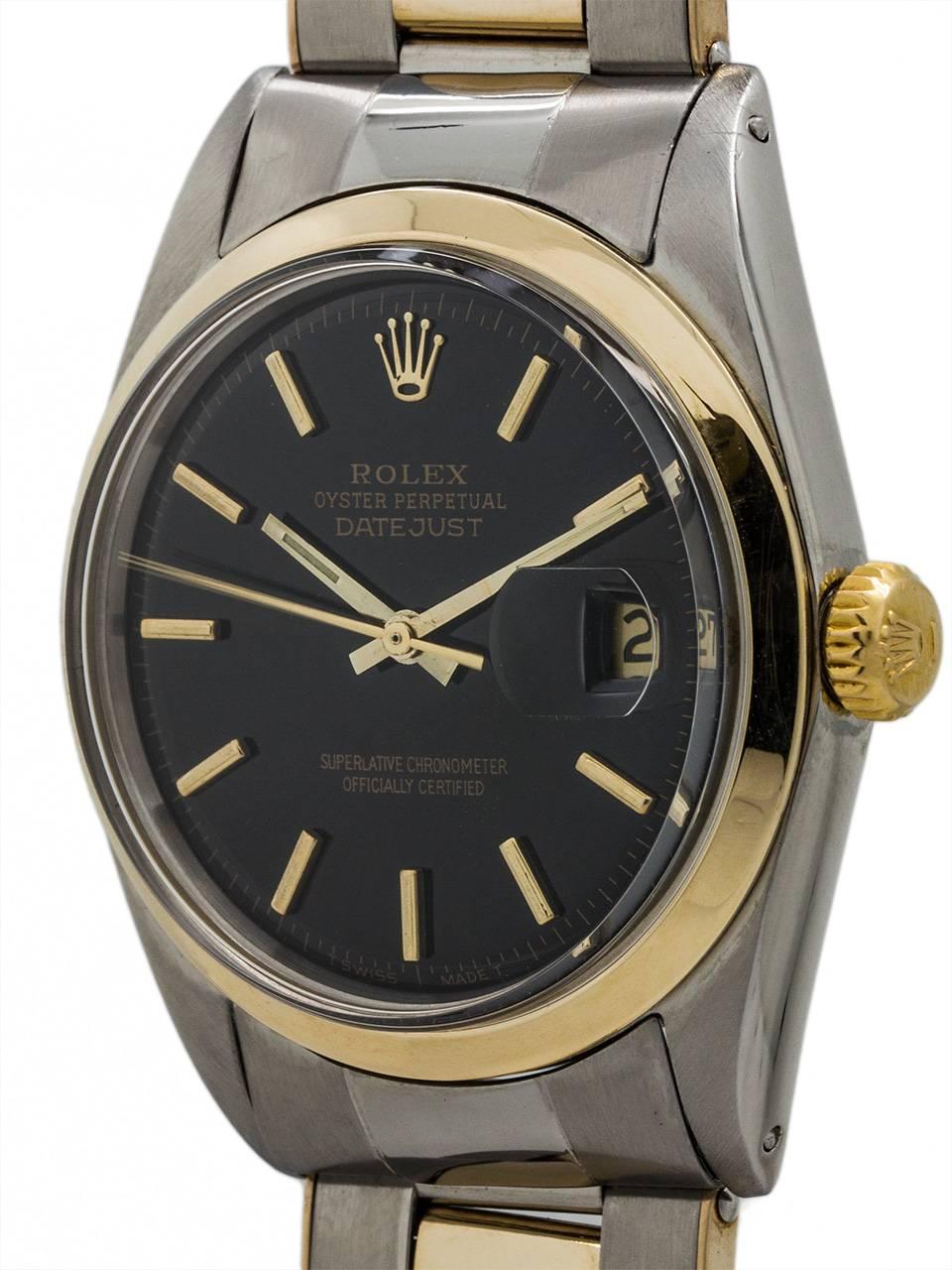 Vintage Rolex Datejust ref 1600 stainless steel and 14K gold, case serial # 1.5 million circa 1966 with original riveted link SS/14K YG Oyster bracelet. Featuring 36mm diameter stainless steel case with smooth 14K gold bezel, acrylic crystal, and