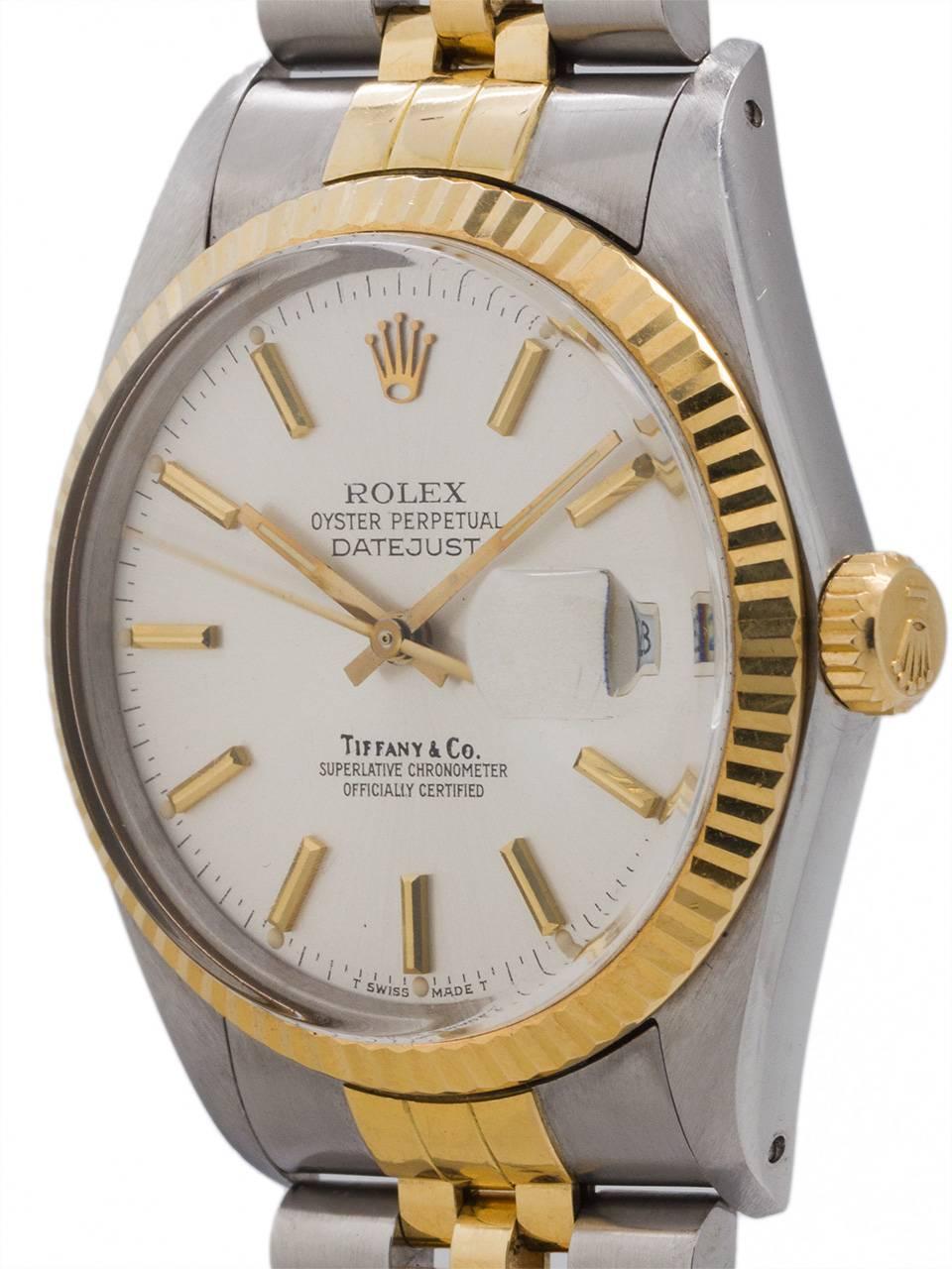 An interesting personalized Rolex Datejust ref 16013 SS/18K YG retailed by Tiffany & Co engraved on the caseback “George from Barbara 10/15/89.” Featuring a full size man’s 36mm diameter case with 18K YG fluted bezel, acrylic crystal, and