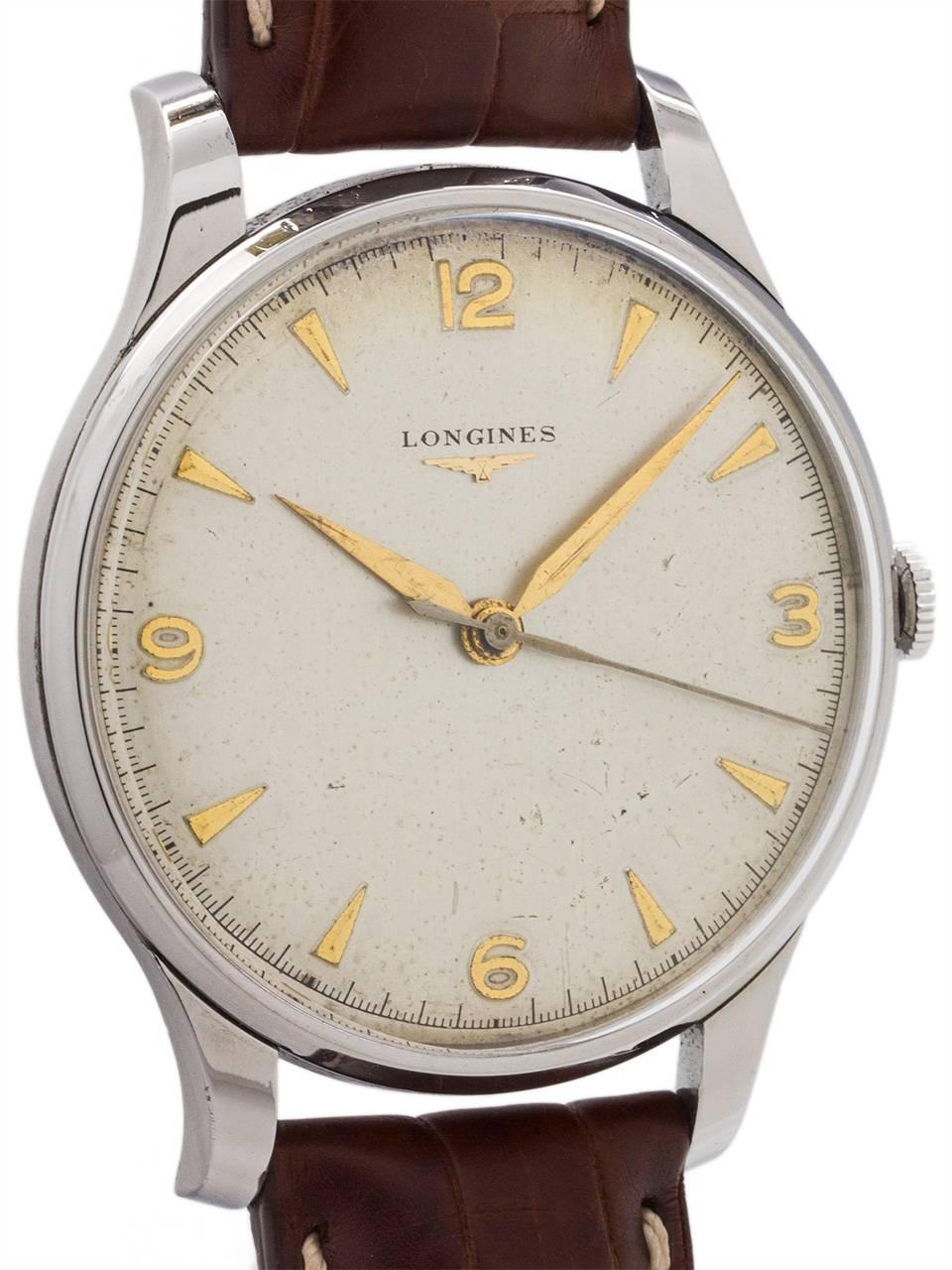 Modern Longines Stainless Steel Dress Model Oversized Manual Wristwatch, circa 1956 For Sale