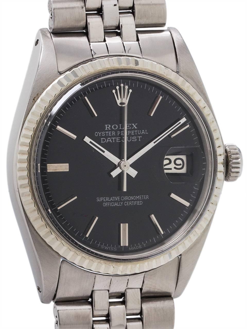 Modern Rolex White Gold Datejust Black Pie Pan Dial Wristwatch Ref 1601, circa 1970