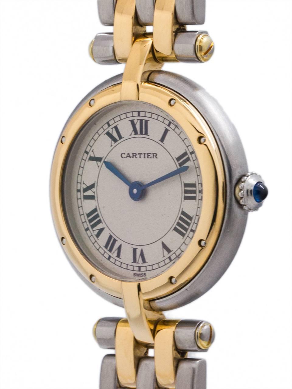 Cartier lady’s Vendome Panther SS/18K YG circa 2000’s. Featuring 23mm diameter case with gold bezel and t-bar lug, steel case body, sapphire crystal, Cartier blue cabachon crown, and with Panther bracelet with 3 stainless steel and 2 18K YG rows of